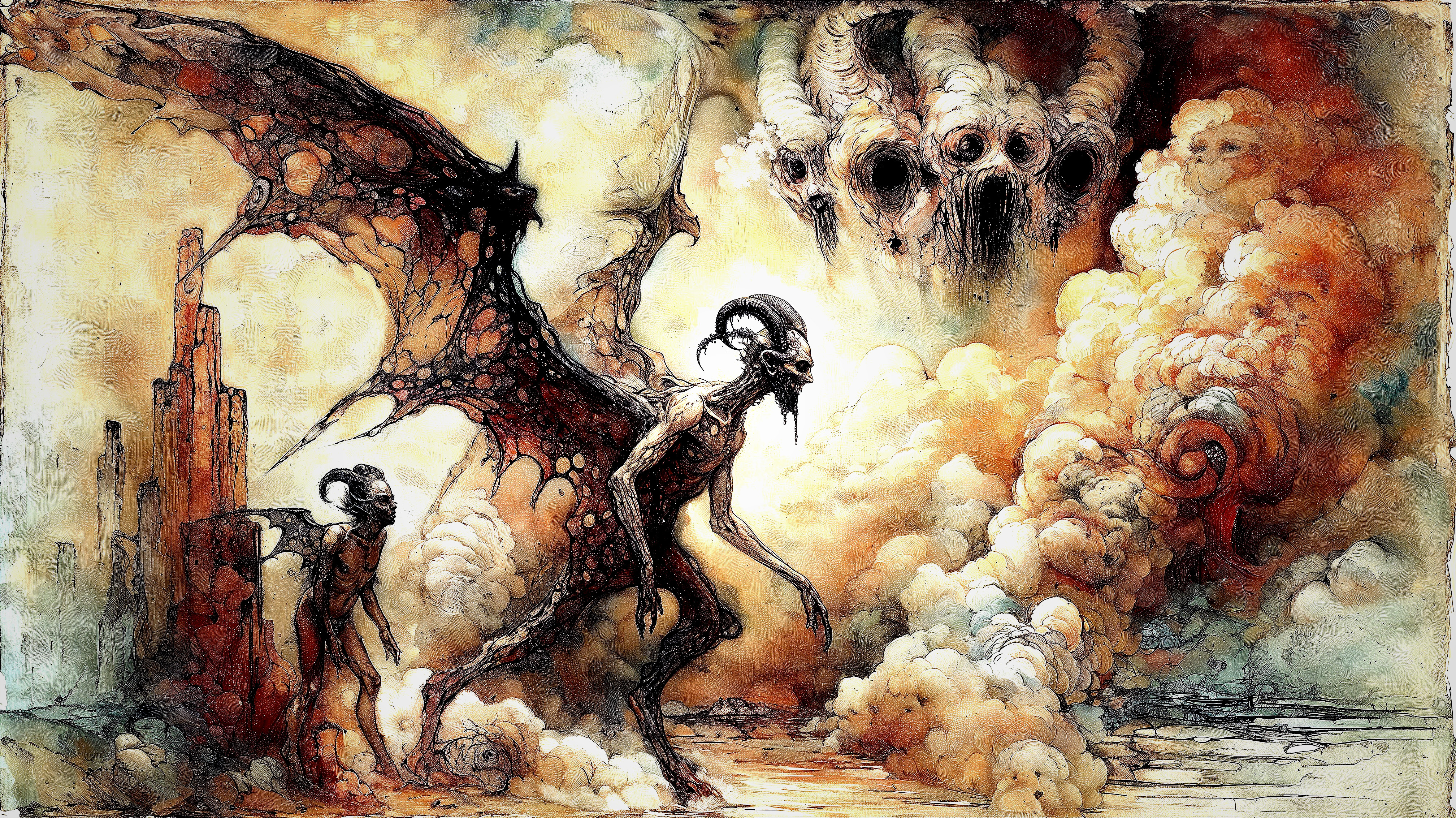 Surreal Scene of a Towering Demon and Ominous Landscape