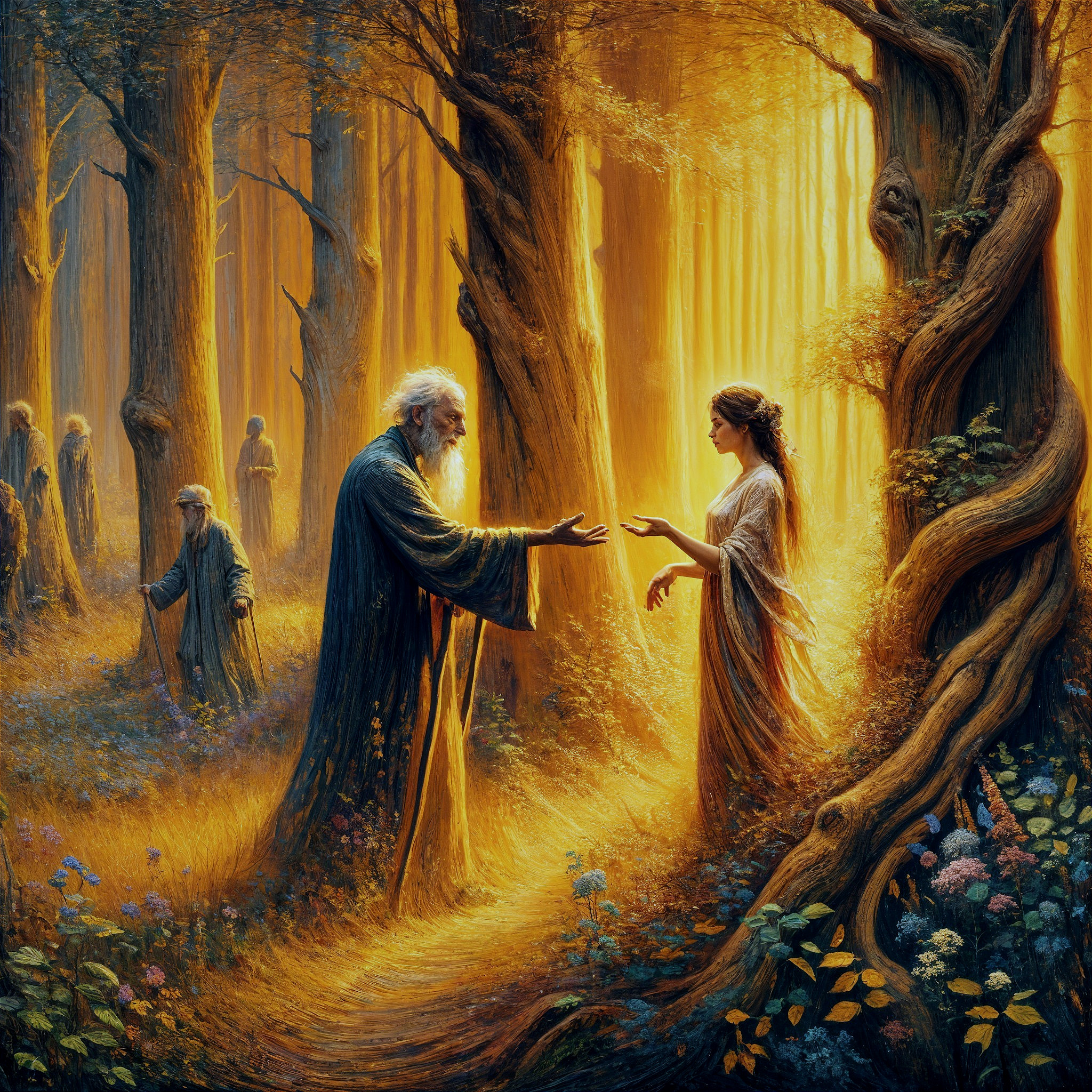 Elderly Figure and Young Woman in Mystical Forest Scene