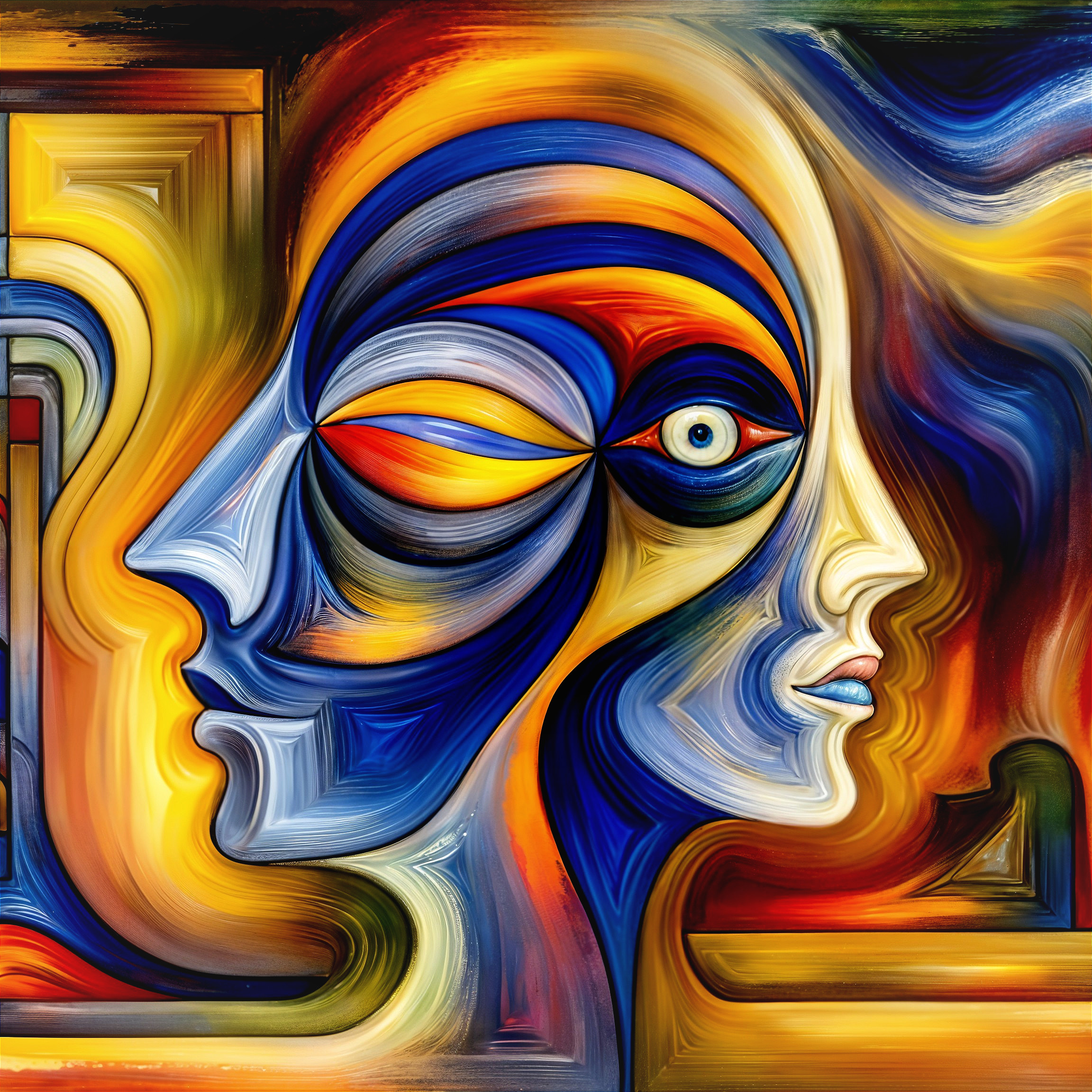 Abstract Portrait of Intertwined Profiles in Color