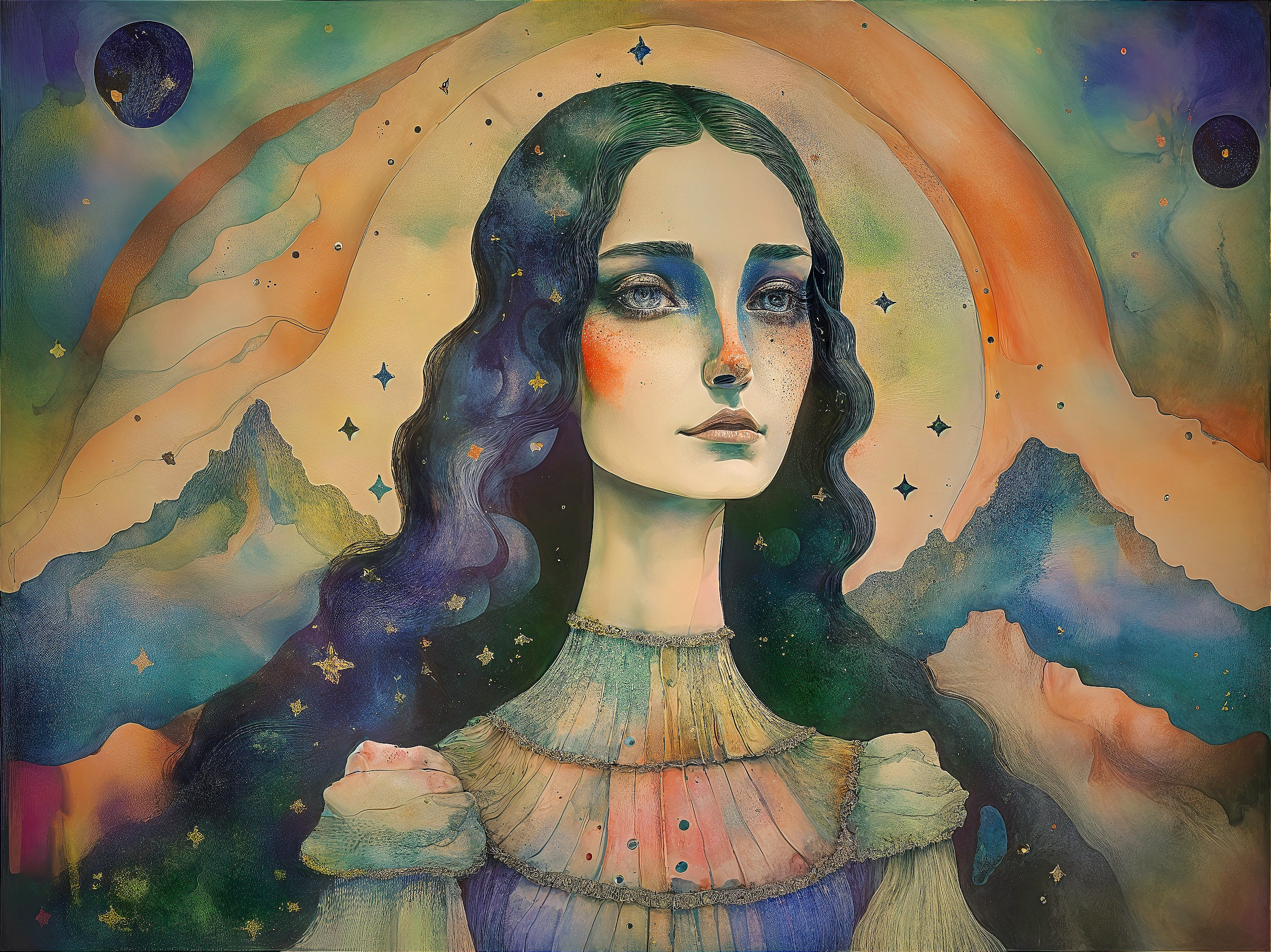 Serene Woman in Cosmic Background with Vibrant Colors
