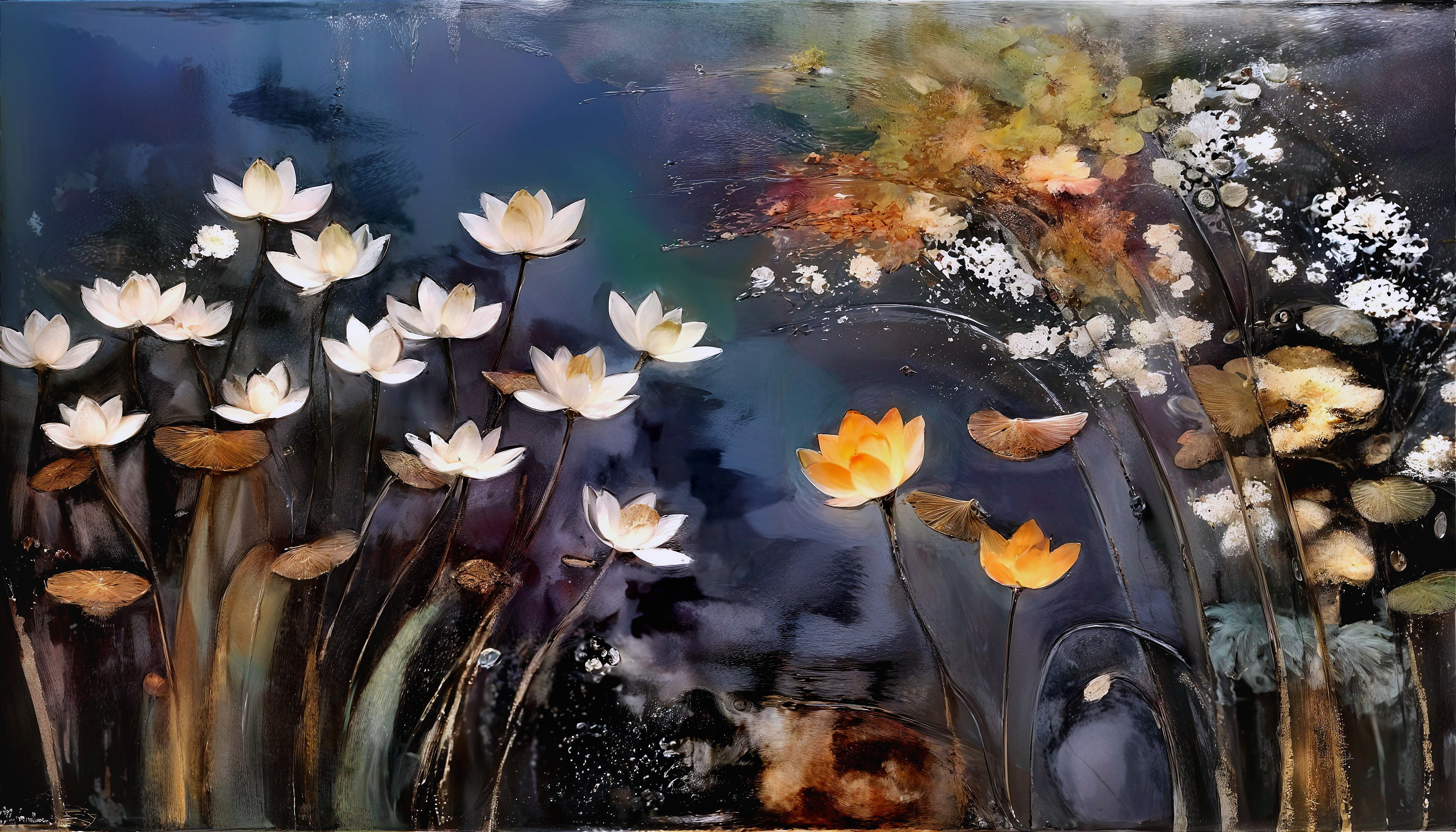 Abstract Painting of Lotus Flowers on Dark Background