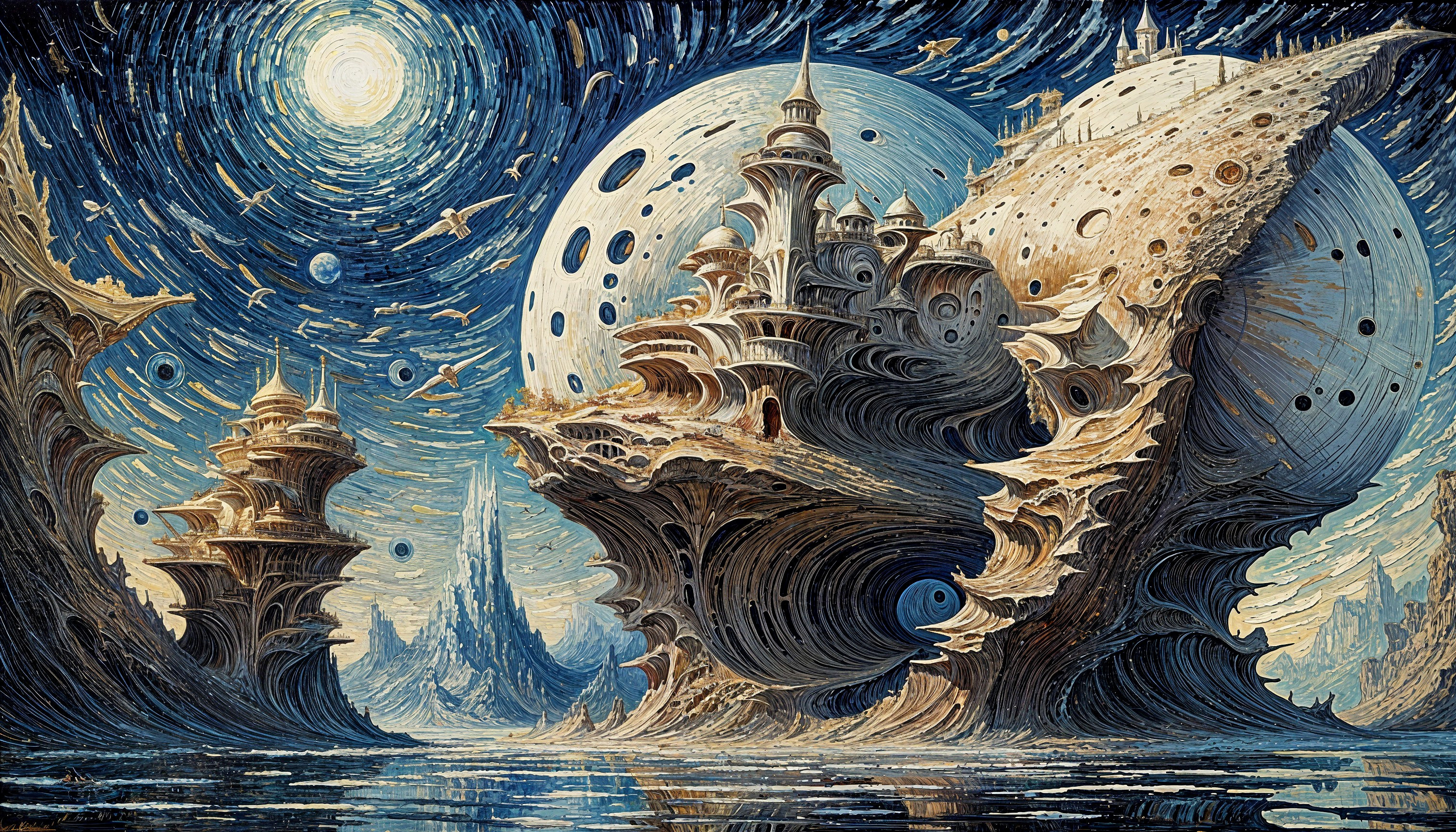 Surreal Landscape with Gothic Structures and Moons