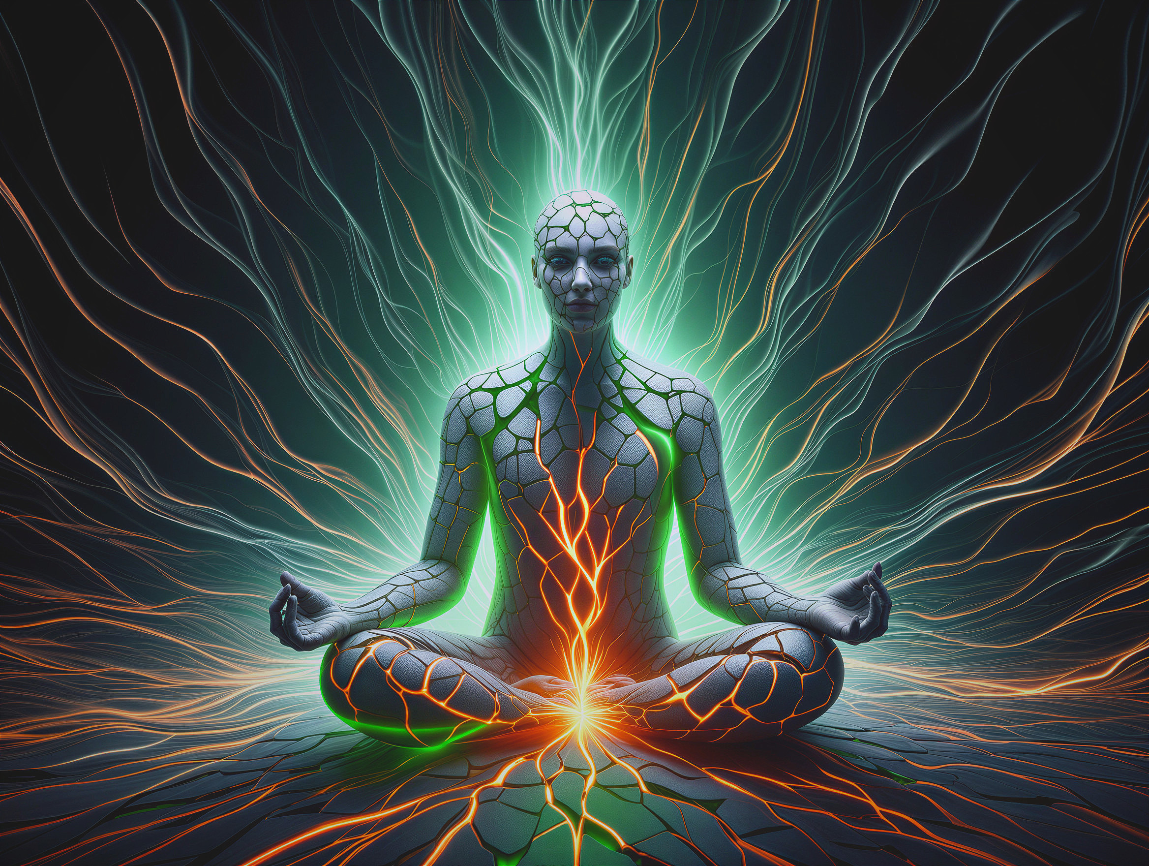 Humanoid Figure in Meditative Pose with Vibrant Energy