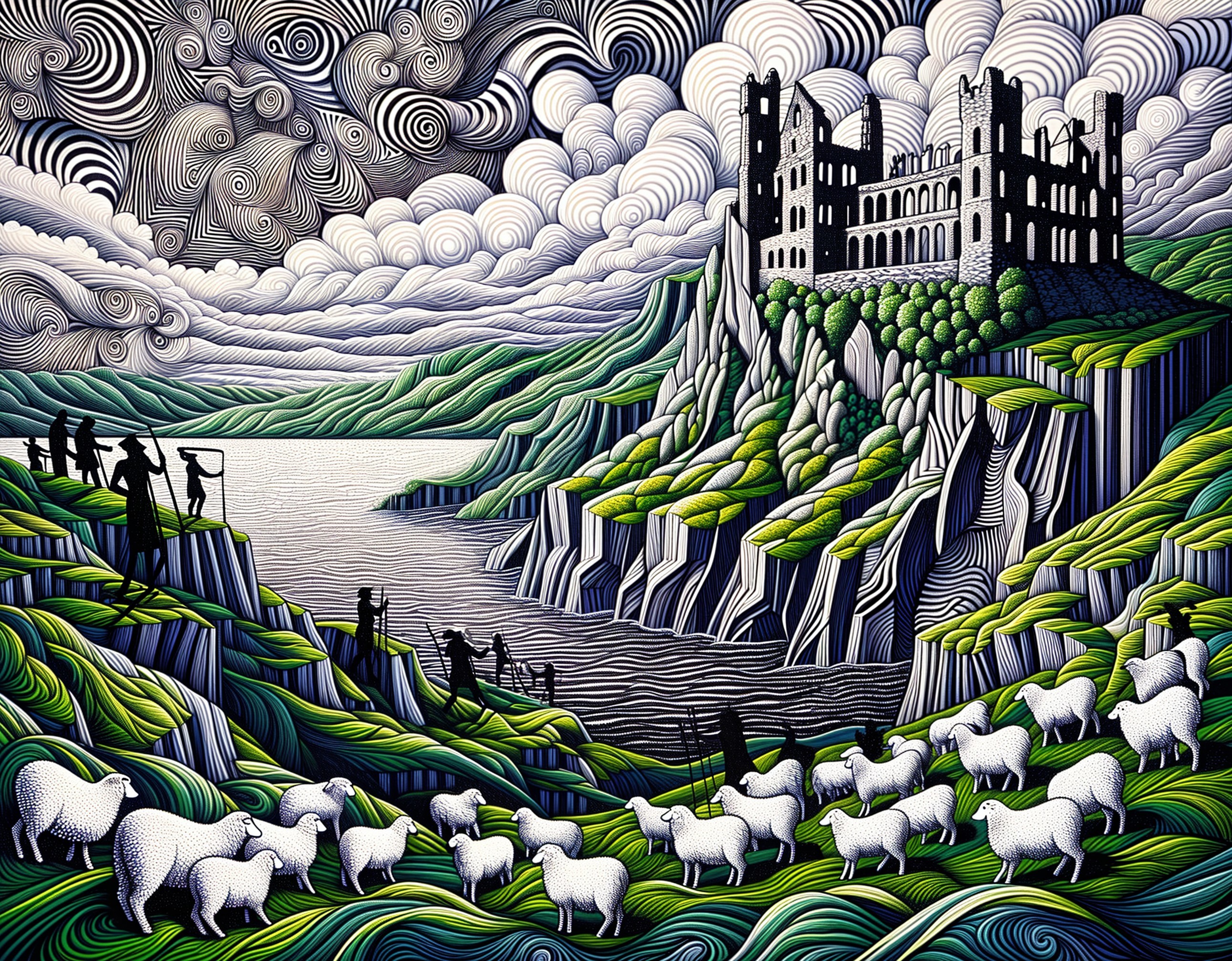 Dramatic Landscape with Hills, Sheep, and Castle Ruins
