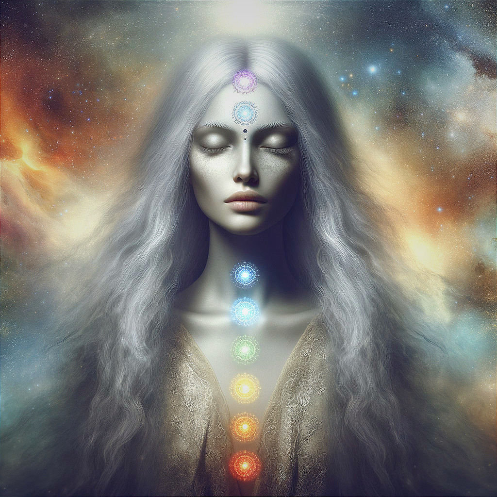 Serene figure with silver hair in a cosmic setting