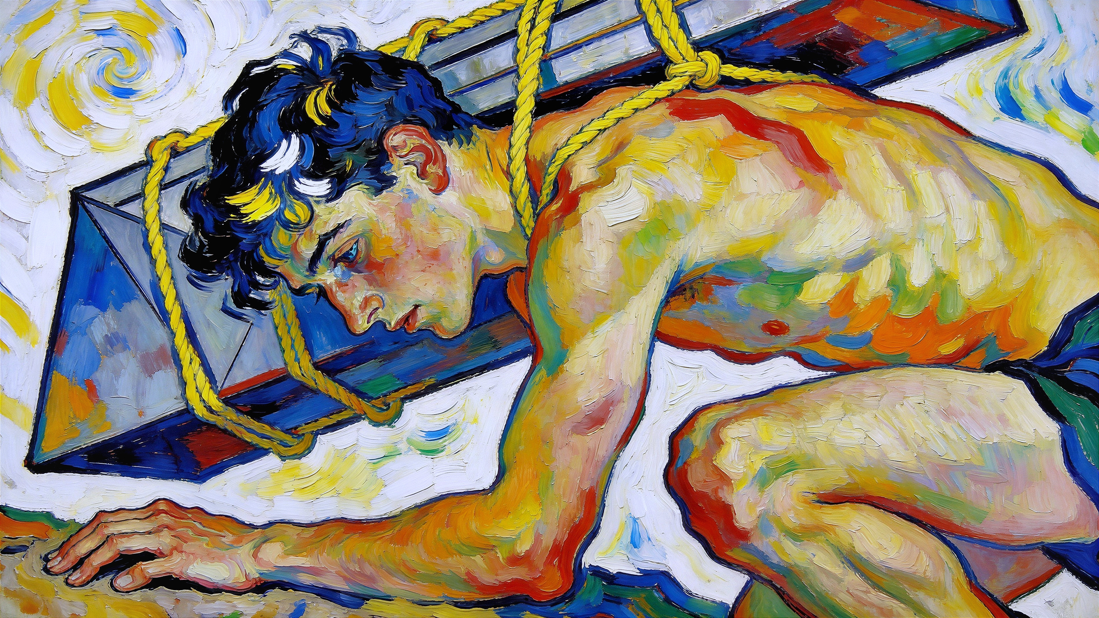 Neo-Expressionist Oil Painting of Crawling Male Figure