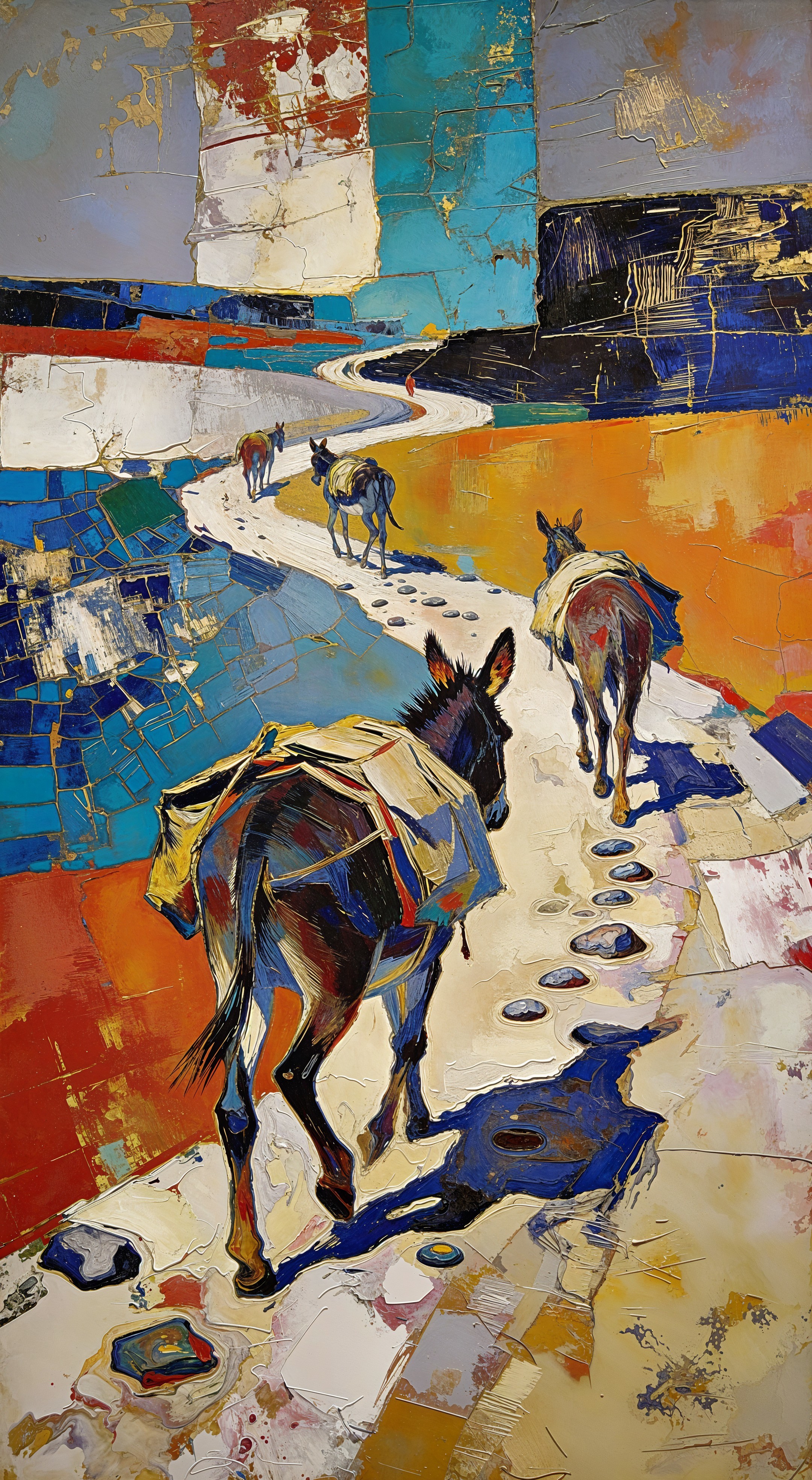 Impressionistic Scene of Donkeys on Winding Path