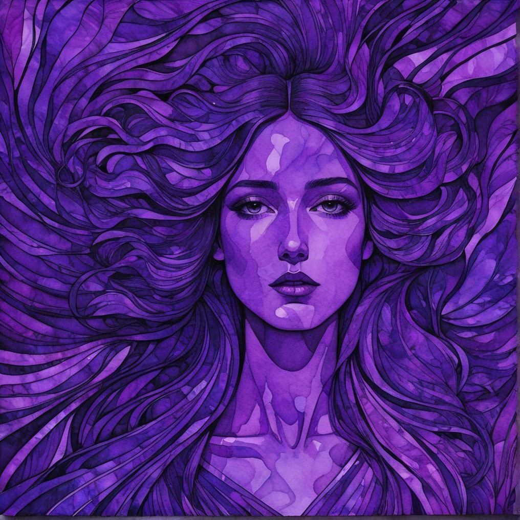 Stylized portrait of a woman with flowing purple hair