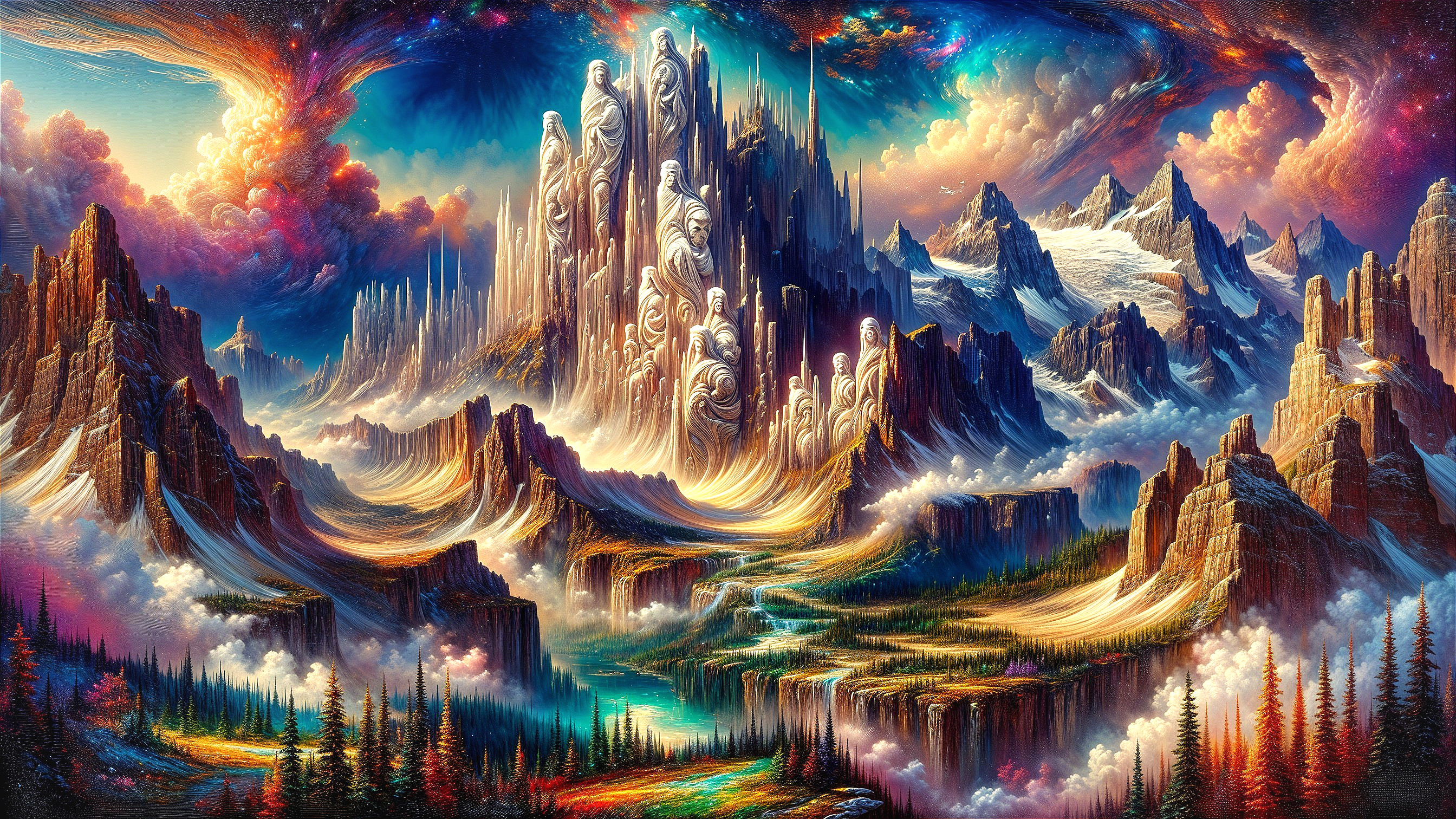 Surreal Landscape with Majestic Mountains and Waterfalls