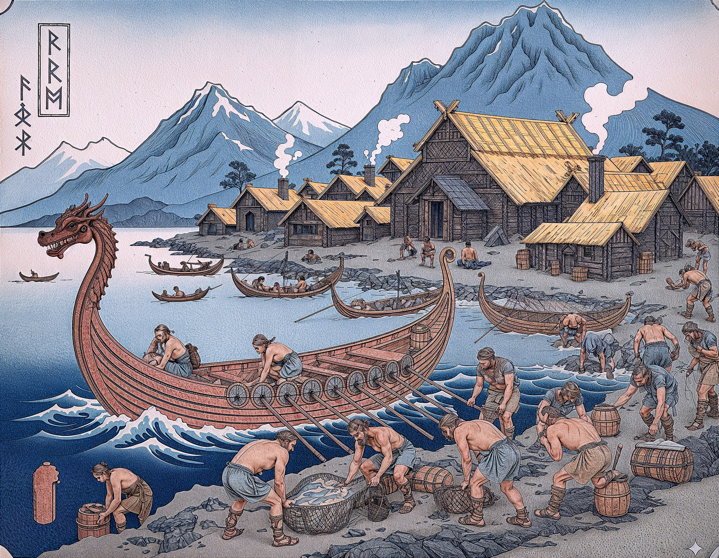 Viking Settlement by Fjord with Longhouses and Ship
