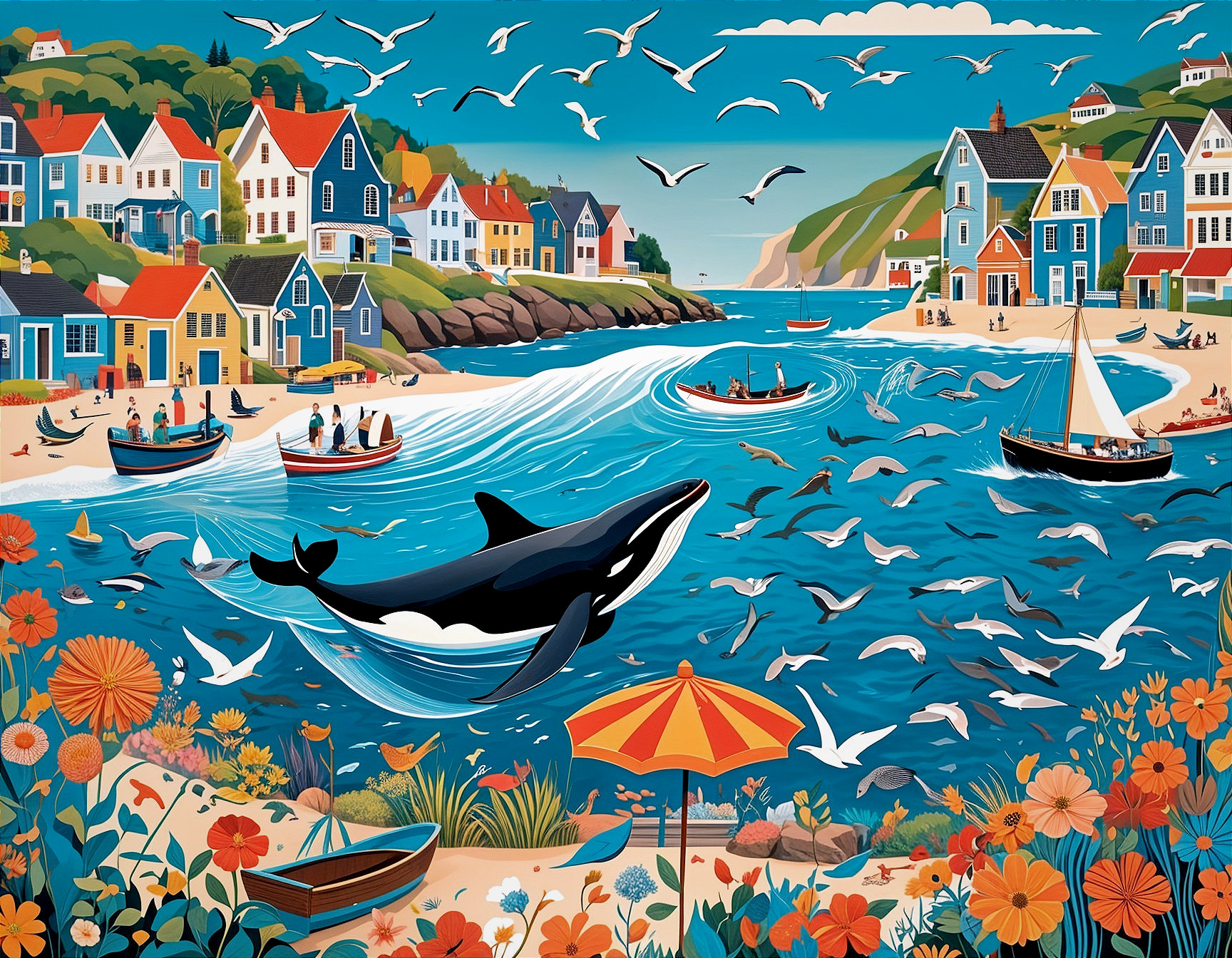 Coastal Village with Colorful Houses and Orca Display