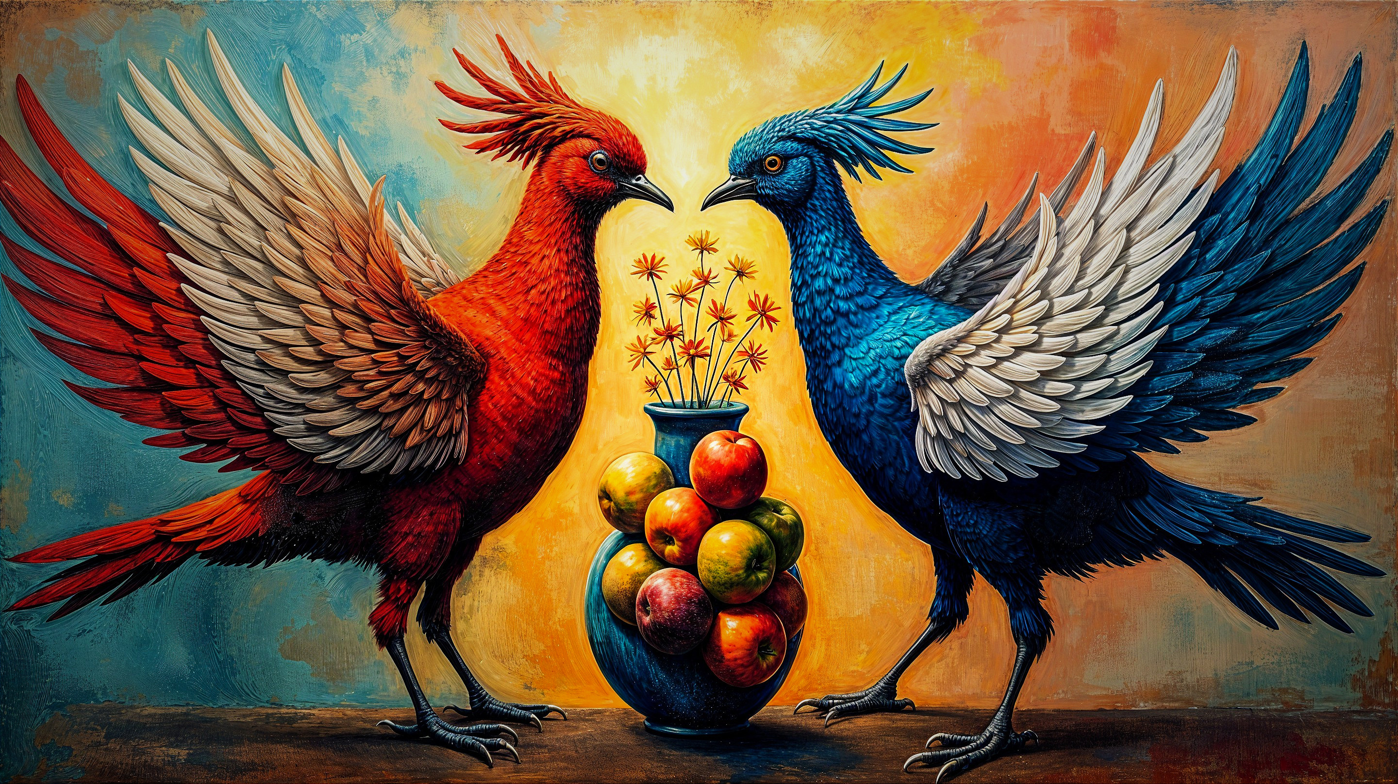 Majestic Red and Blue Birds with Colorful Vase and Flowers