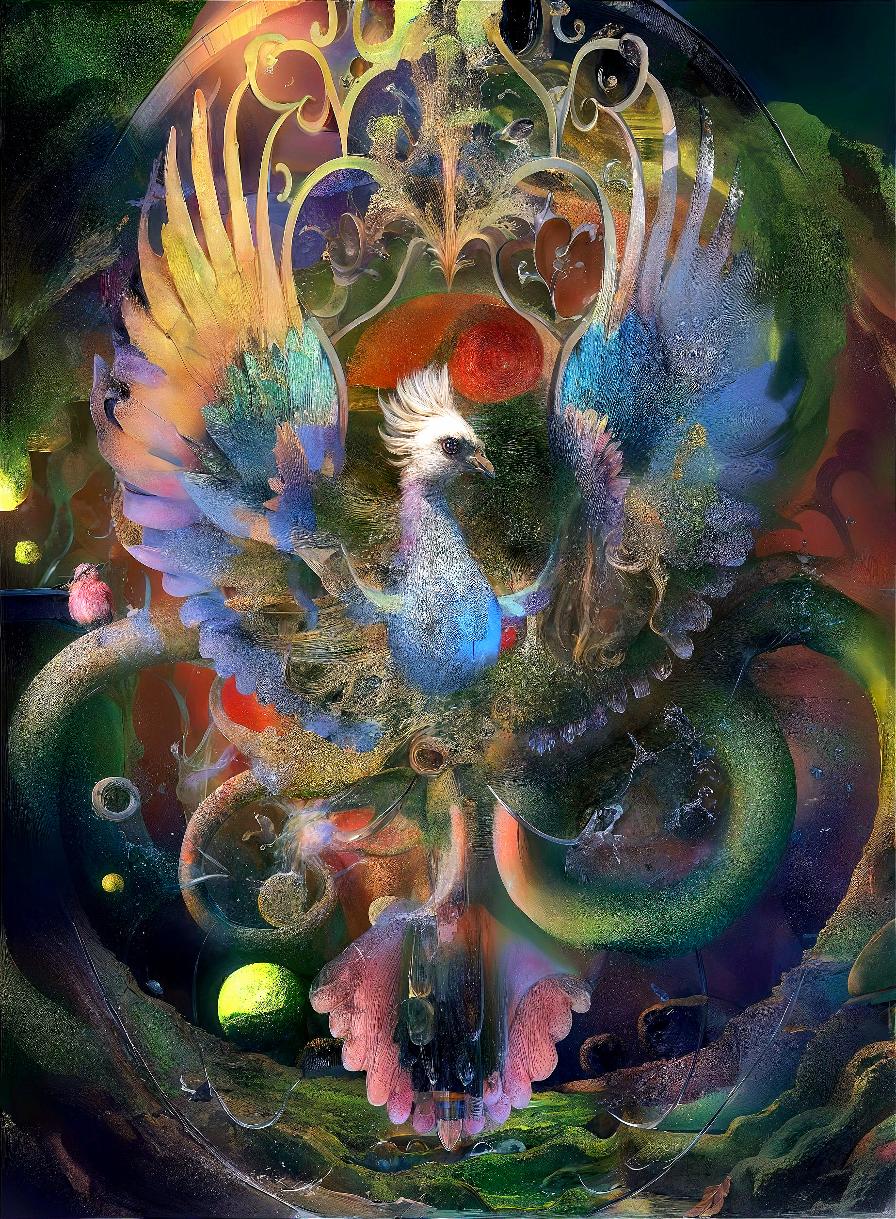Ethereal Bird with Iridescent Feathers in Cosmic Scene