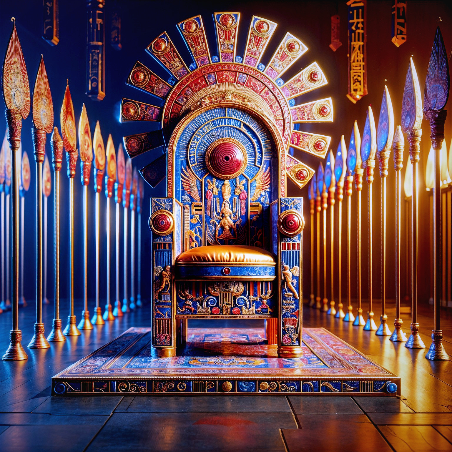 Ornate Throne with Egyptian Art and Dramatic Backdrop