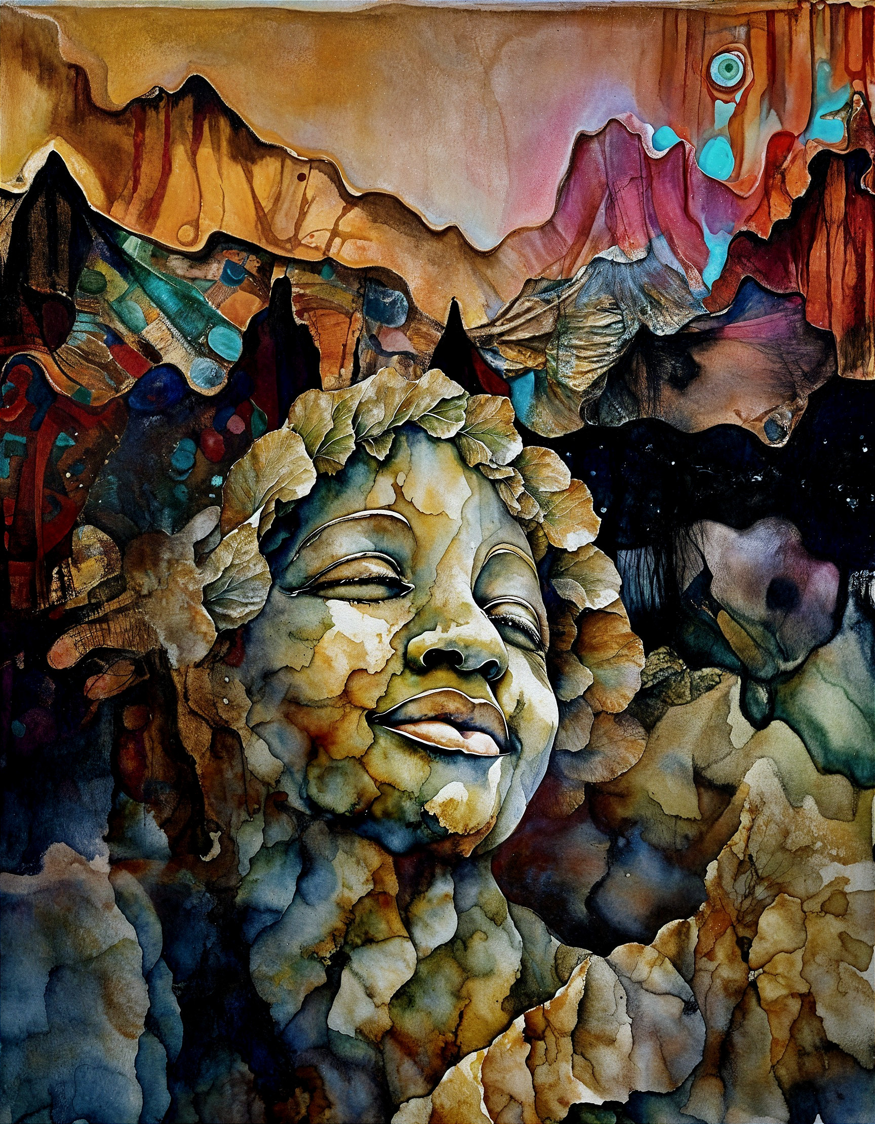 Serene Face with Nature Elements in Vibrant Artwork