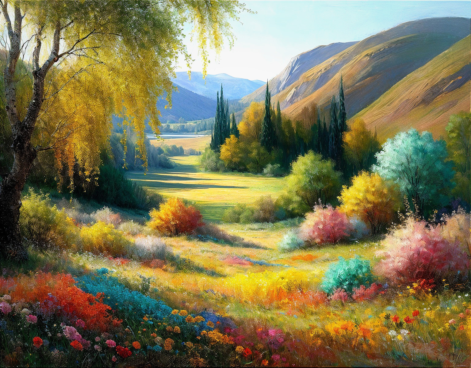 Vibrant Landscape of Colorful Wildflowers and Hills