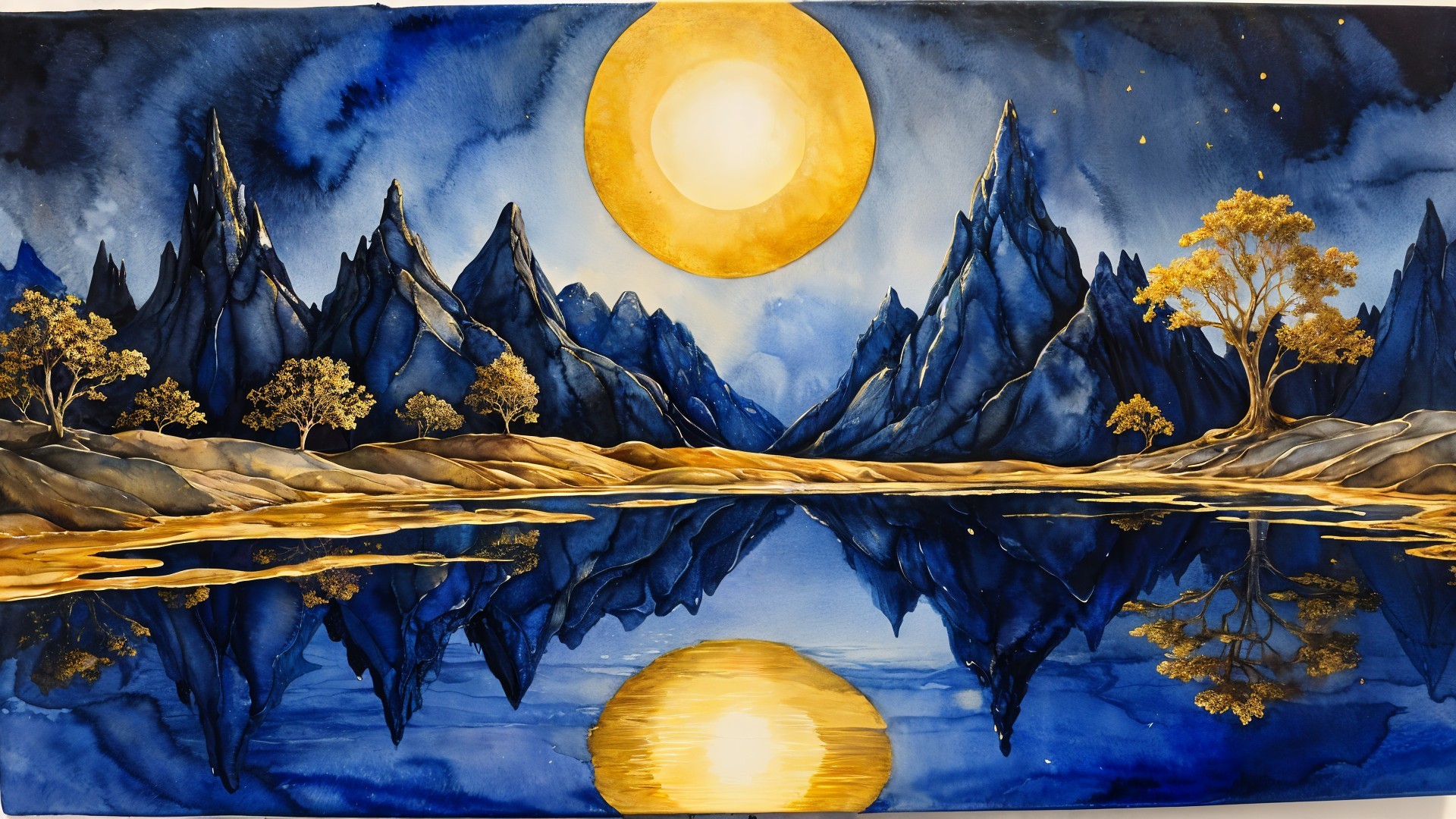 Majestic Blue Mountains and Serene Lake Landscape Painting