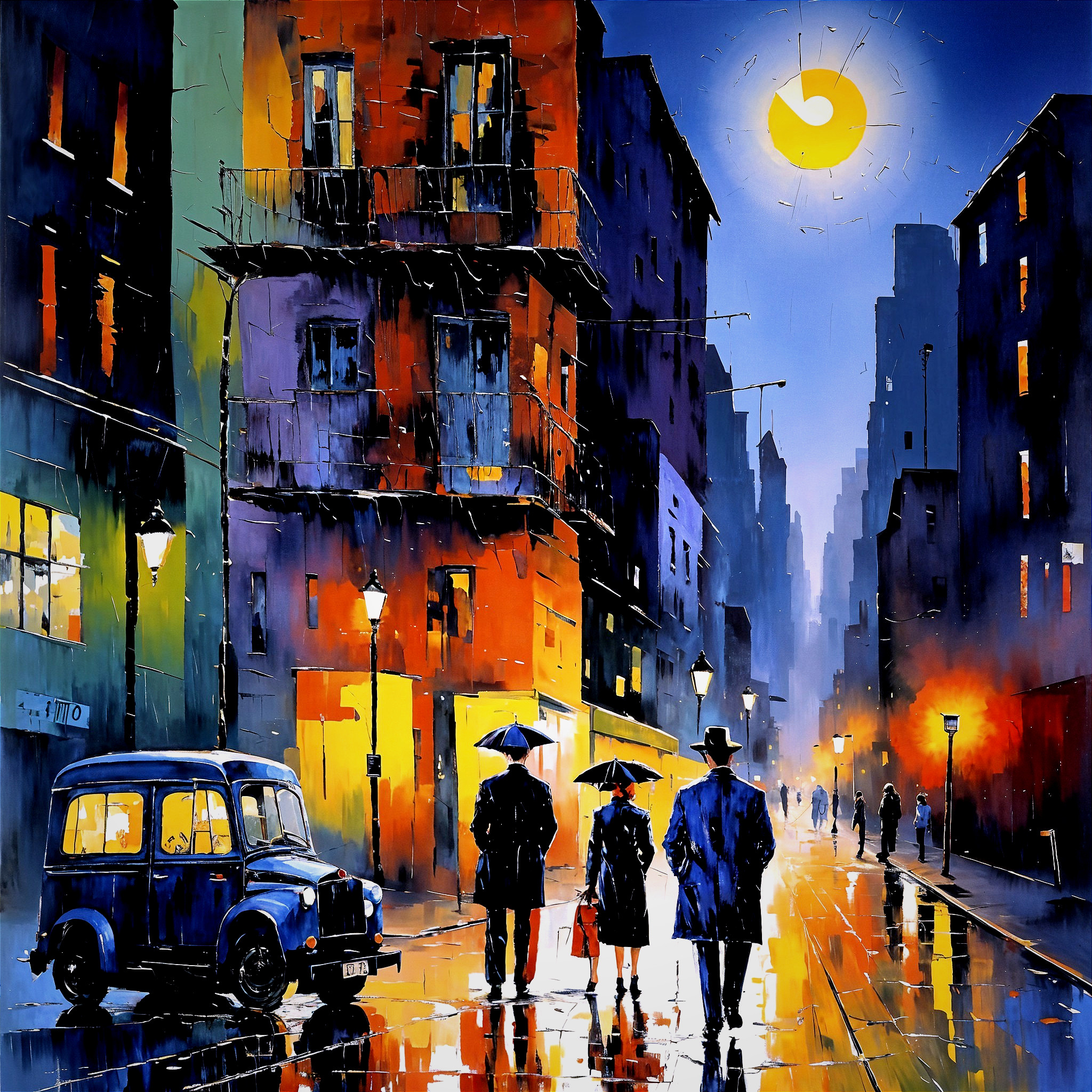 Vibrant Night City Scene with Elegant Figures and Umbrellas