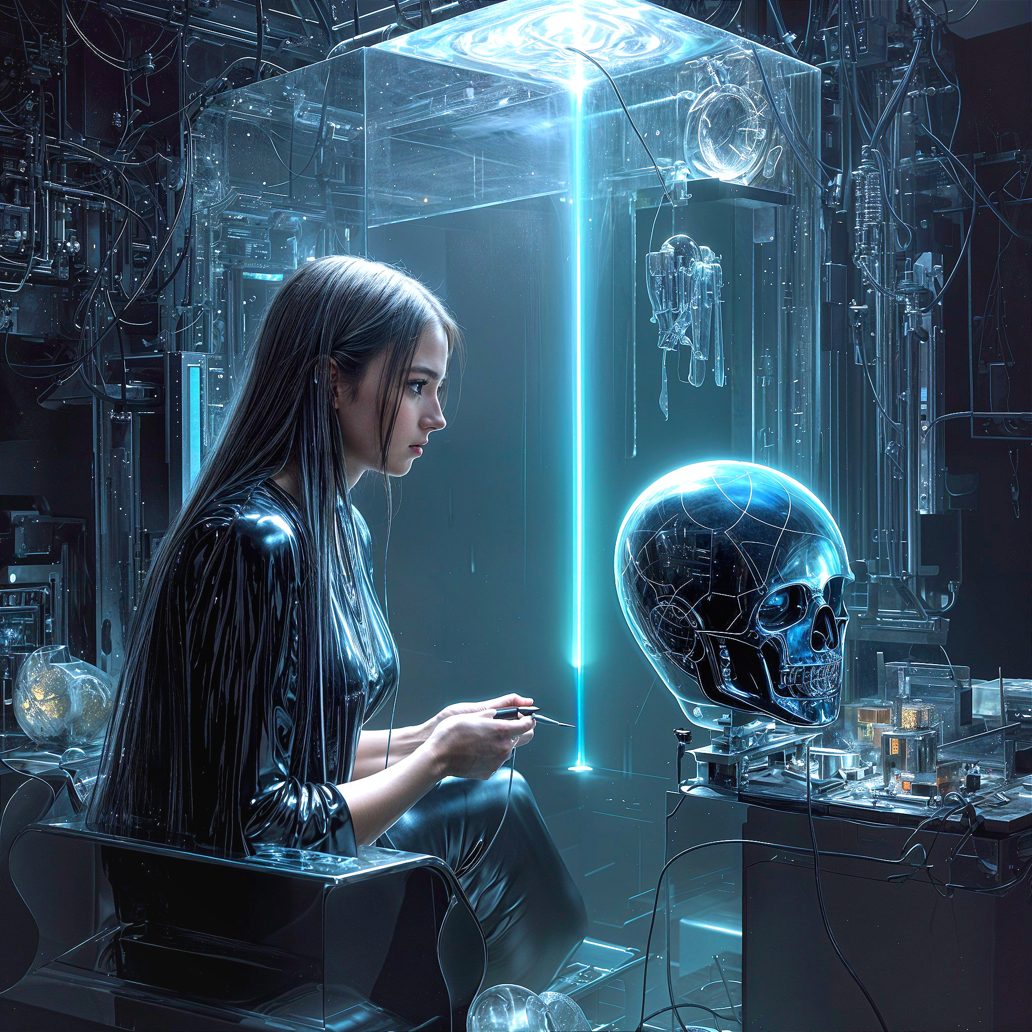 Futuristic Scene of Woman with Holographic Skull