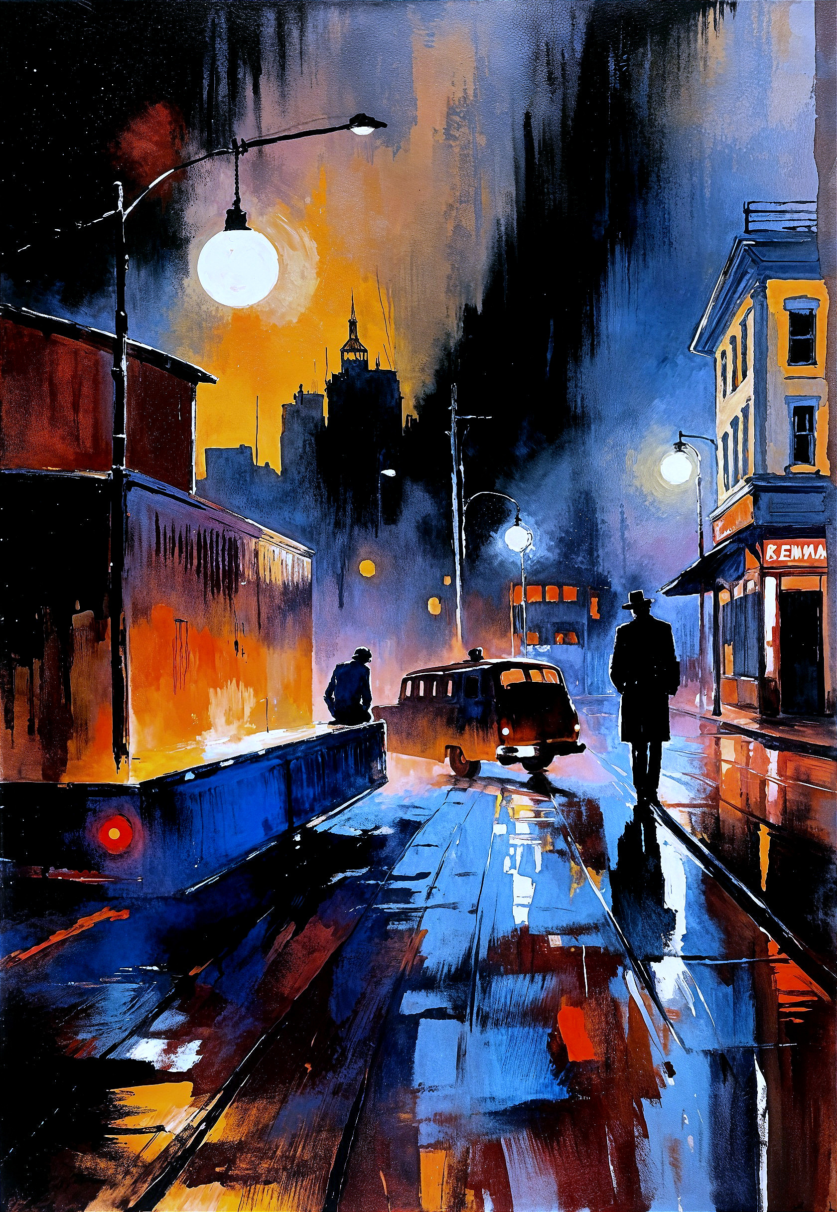 Vibrant cityscape at dusk with glowing street lamps