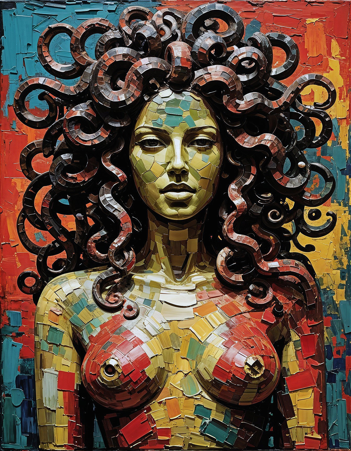 Colorful Female Figure with Textured Tile Hair