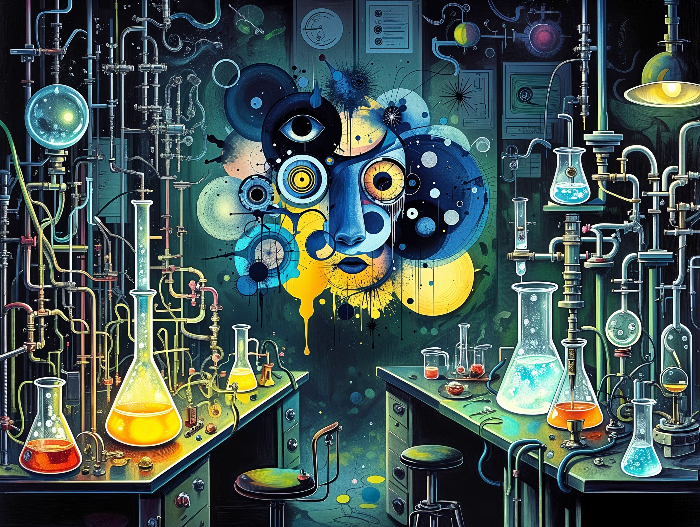 Vibrant Laboratory with Colorful Liquids and Artistry