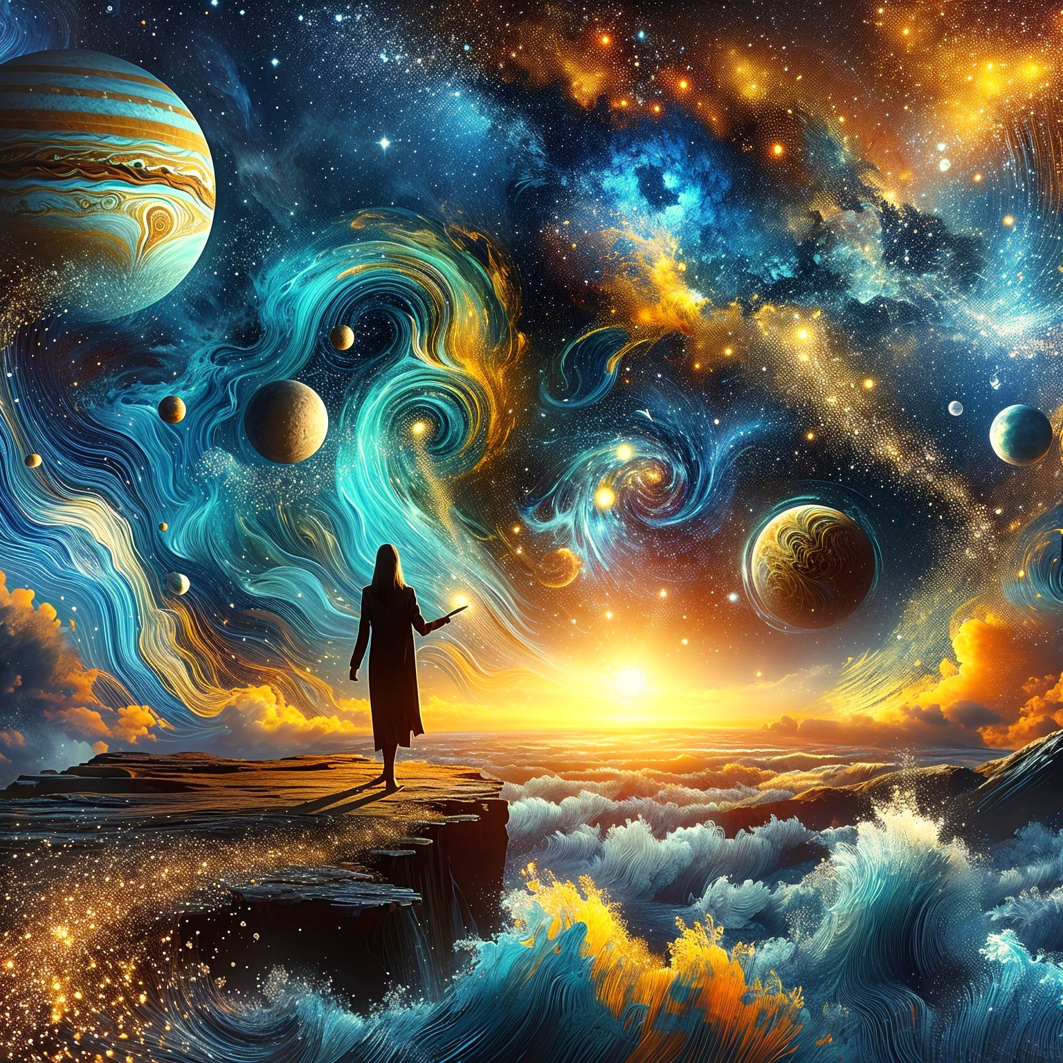 Cliffside View of Cosmic Landscape and Sunset Waves
