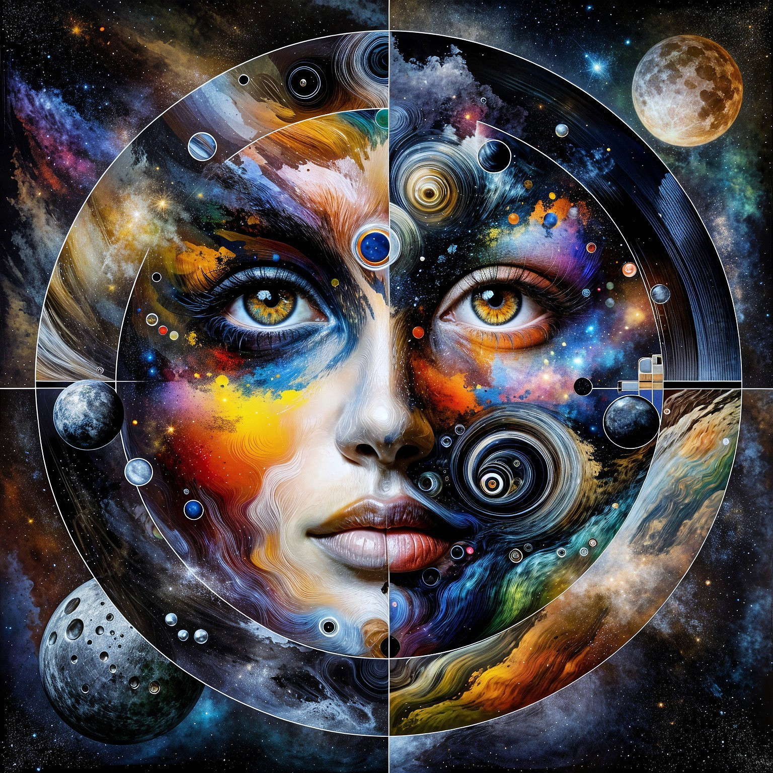 Cosmic Design Merging Woman's Face and Galaxies