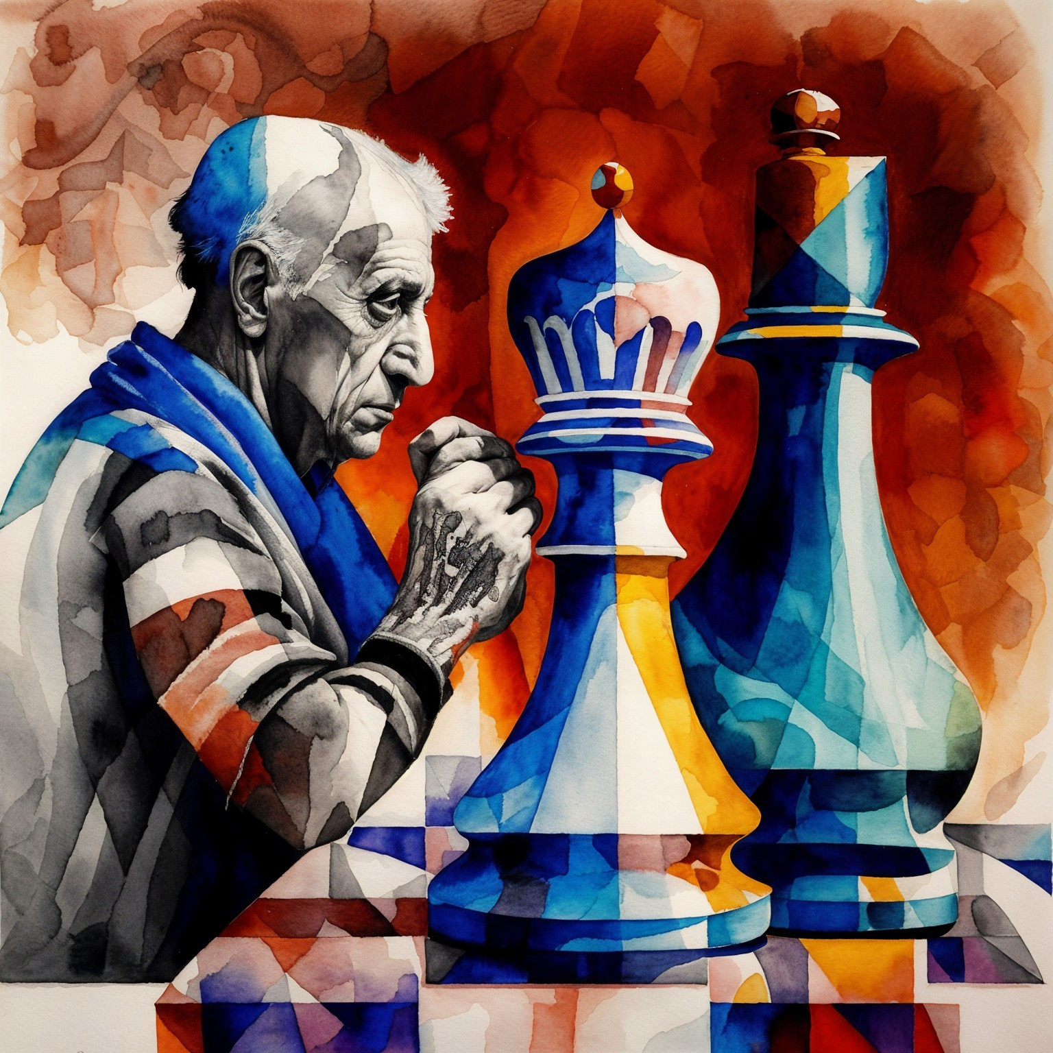 Elderly Man Reflecting Beside Chess Pieces in Watercolor