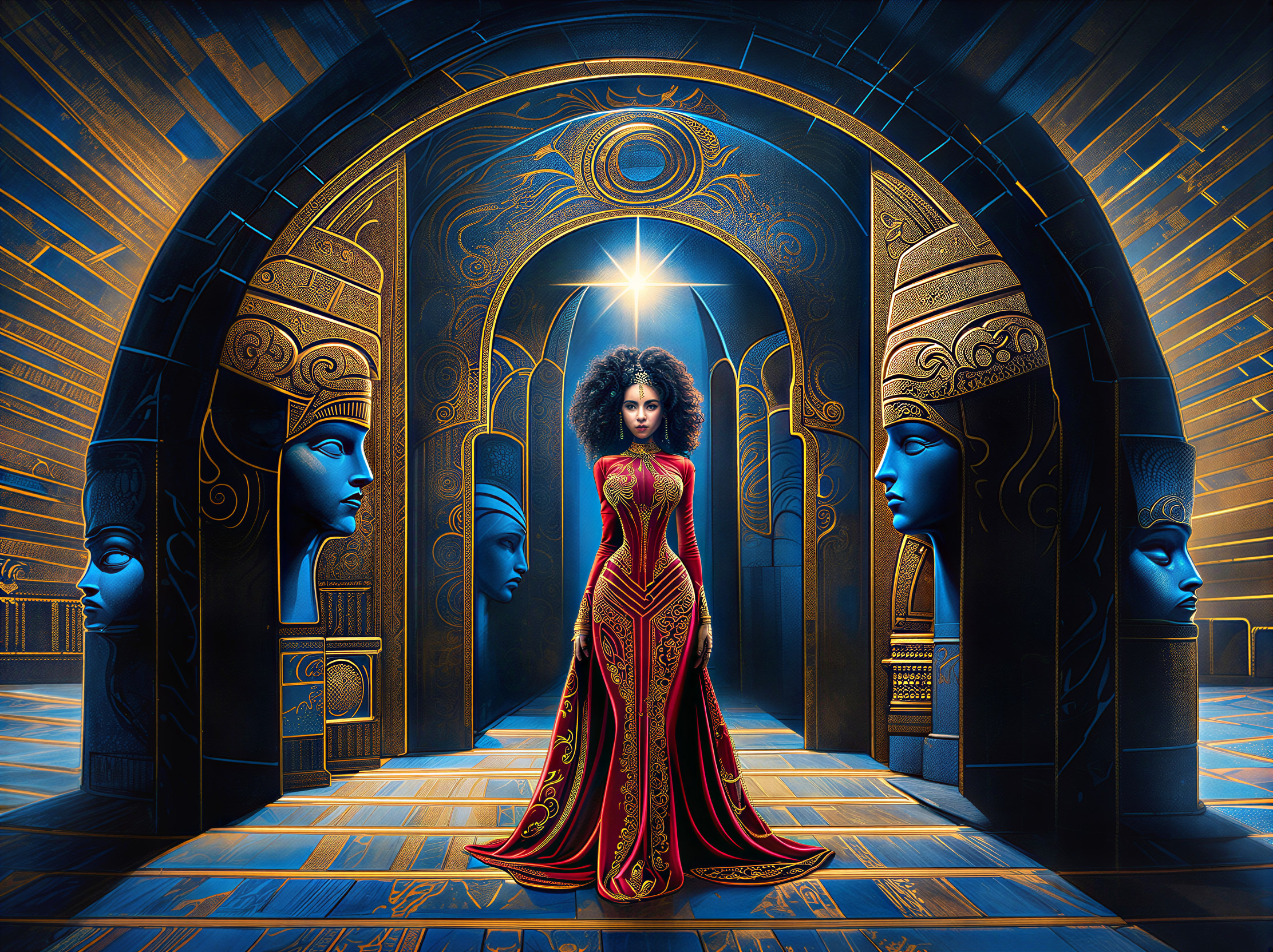Regal Figure in Grand Ancient Hall with Intricate Design
