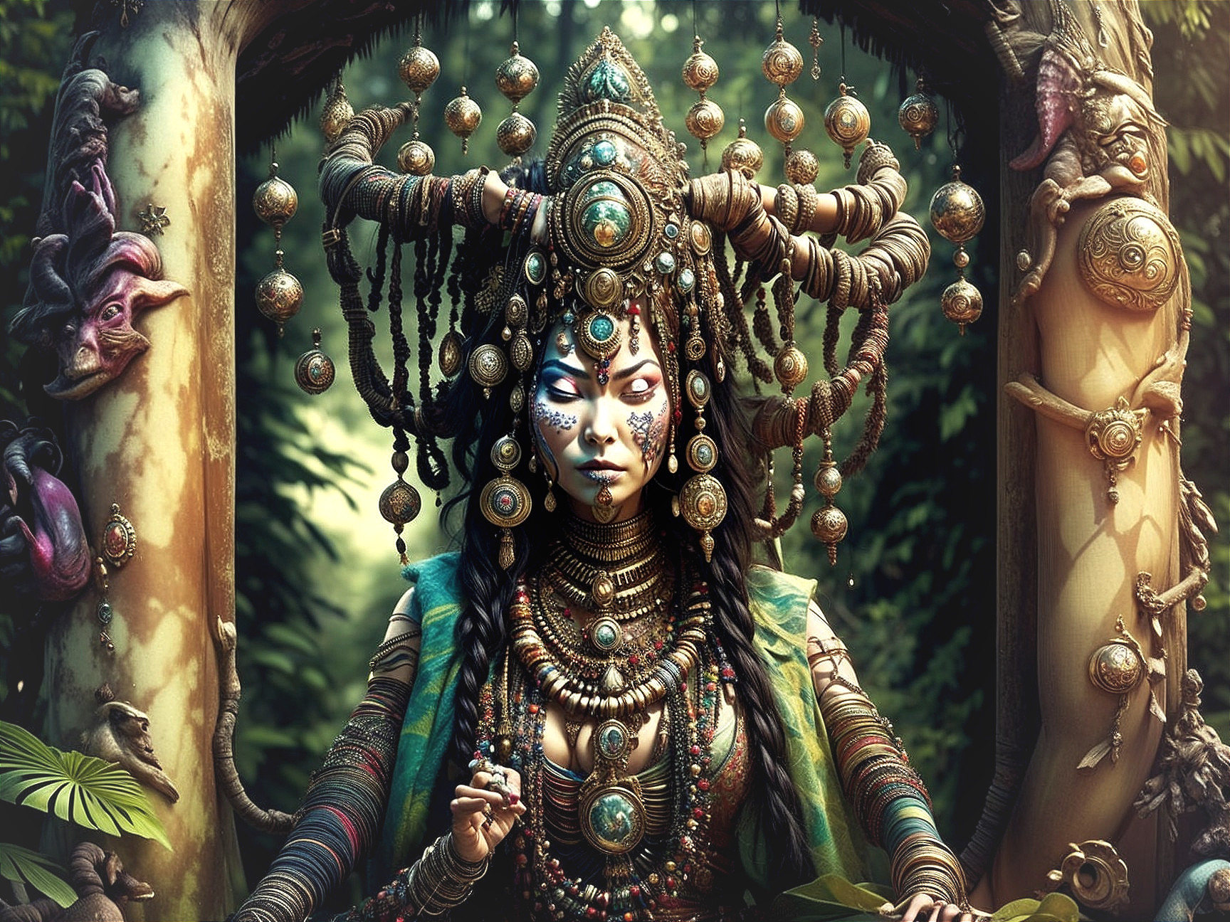 Majestic figure in elaborate attire amidst lush greenery