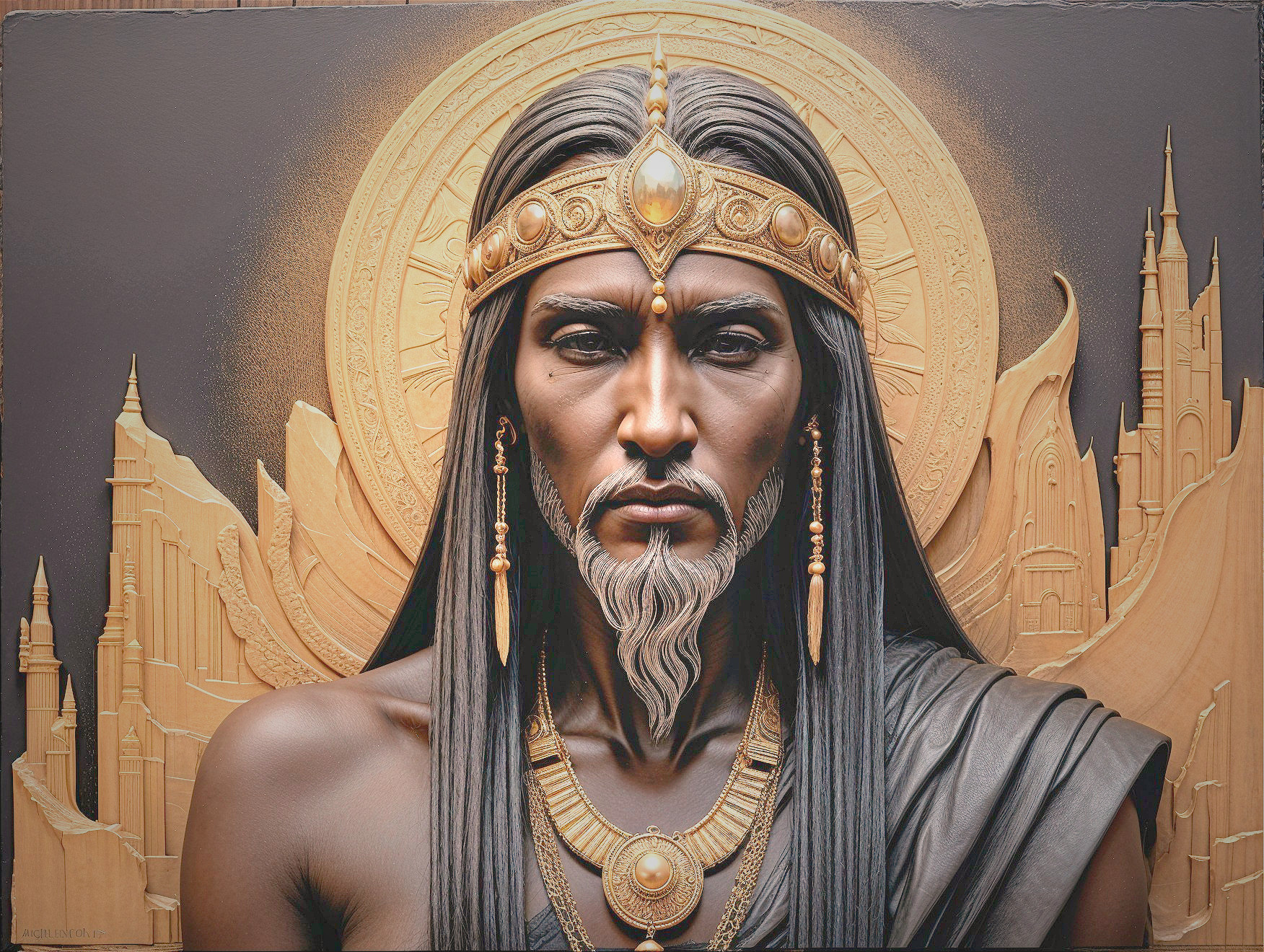 Regal figure in ornate headdress and dark robe
