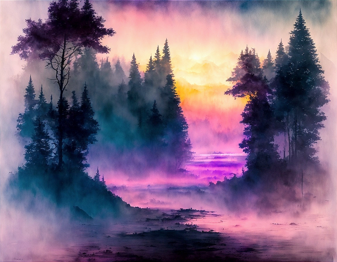 Mystical Forest Landscape at Dawn with Vibrant Sky