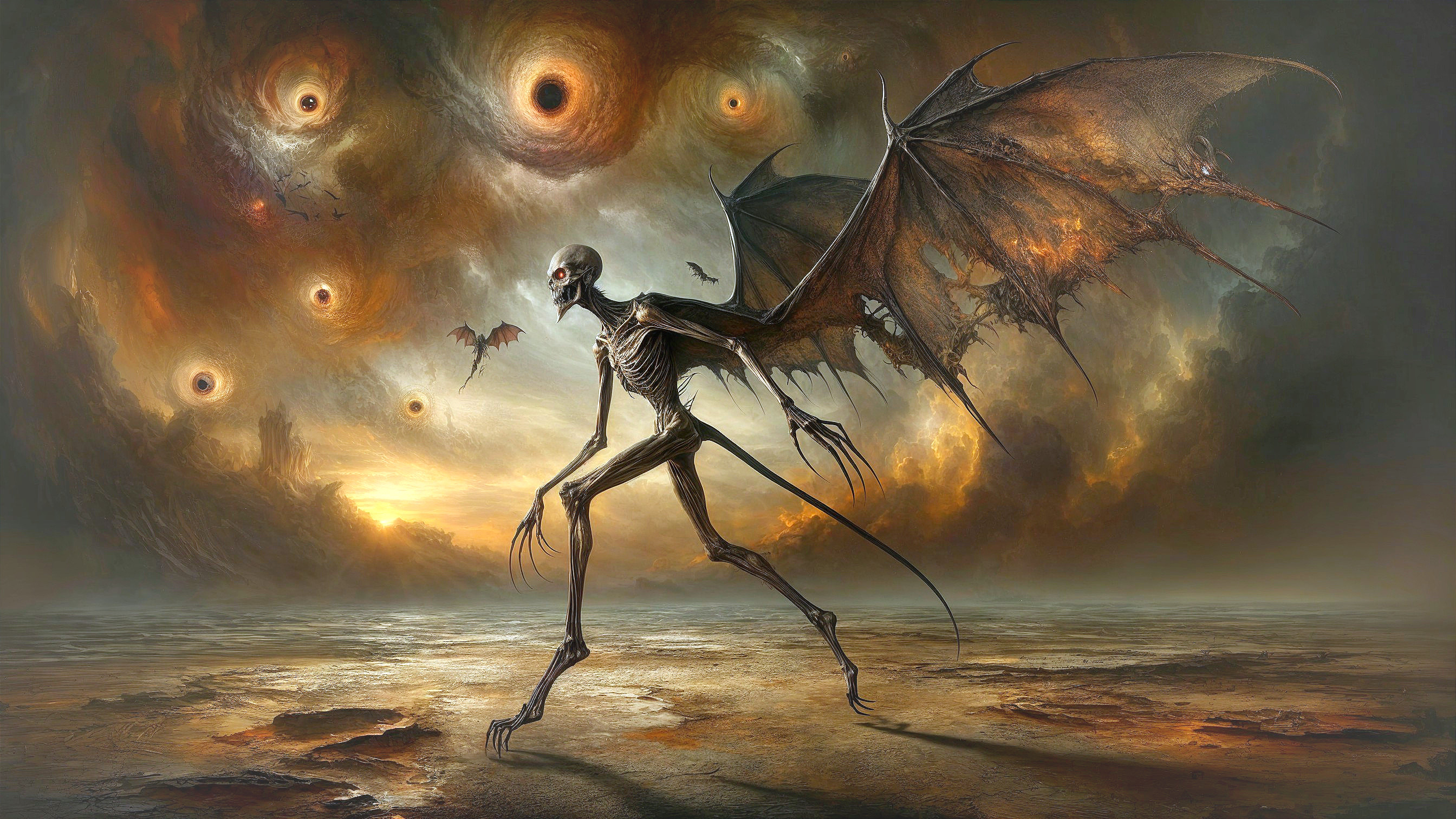 Skeletal Figure with Bat Wings in Desolate Landscape