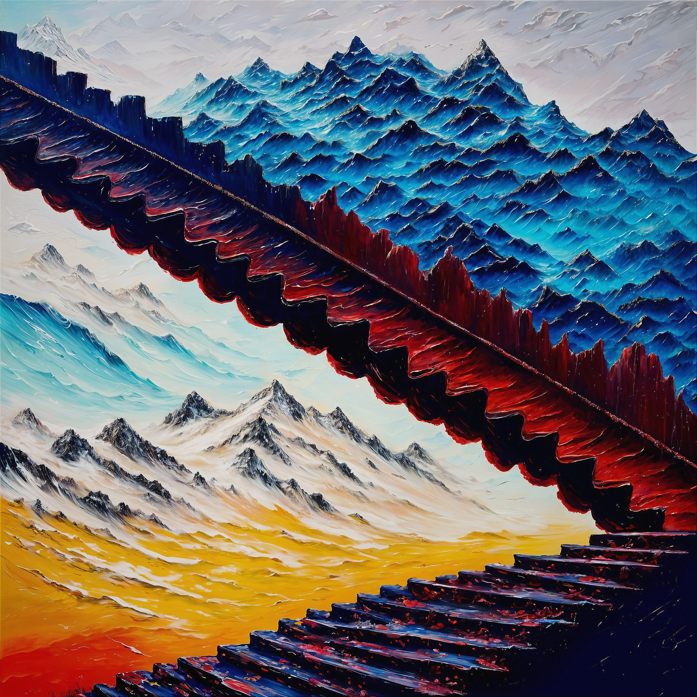 Surreal Landscape with Colorful Stairs and Mountains