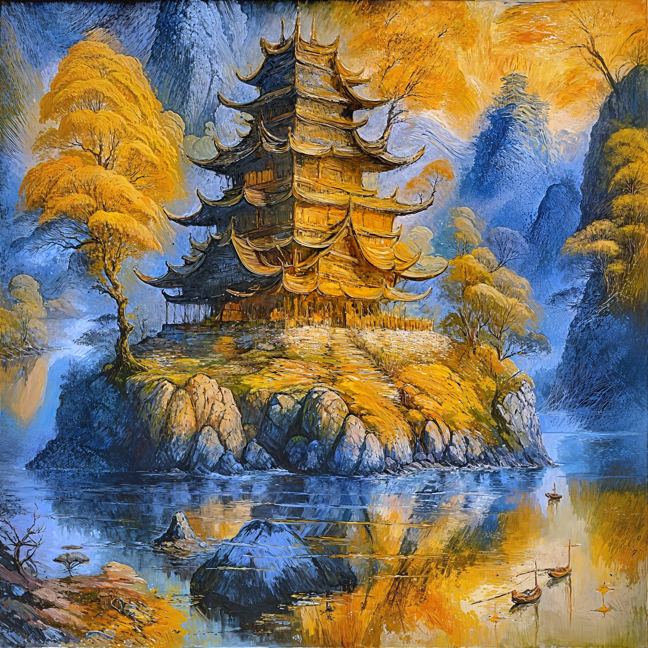 Majestic Pagoda on Rocky Island with Autumn Foliage