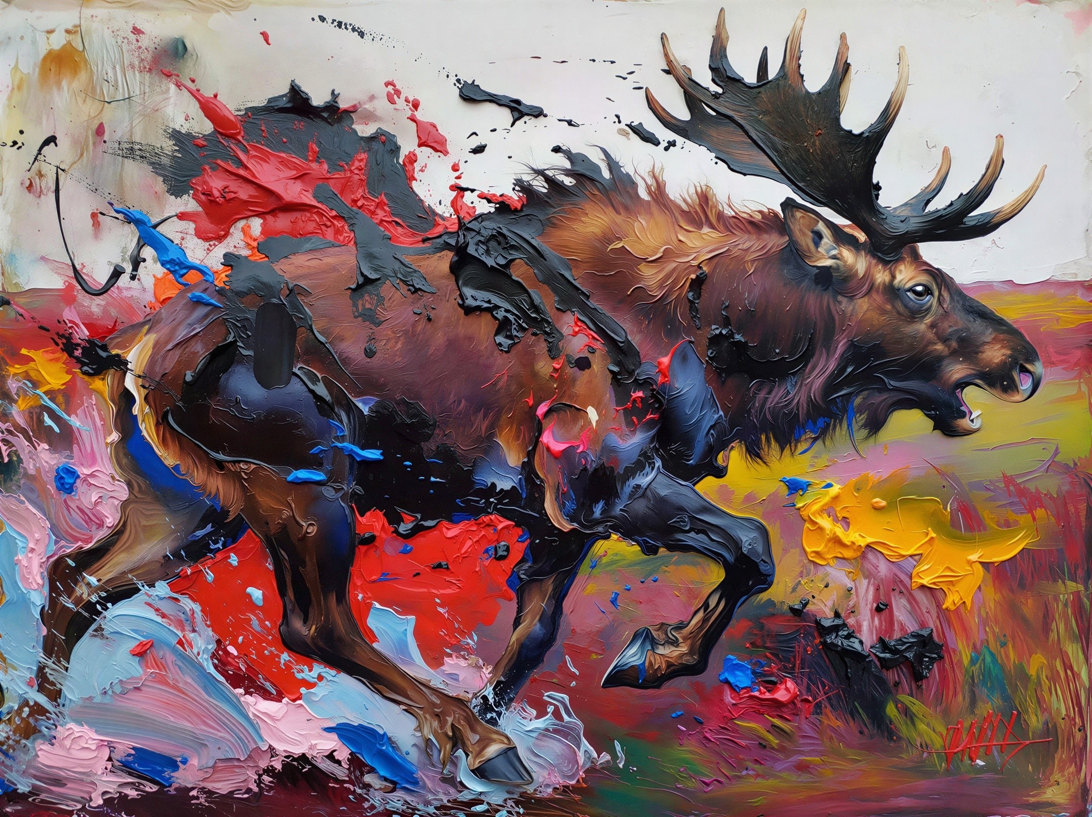 Oil Painting of a Moose in Abstract Landscape