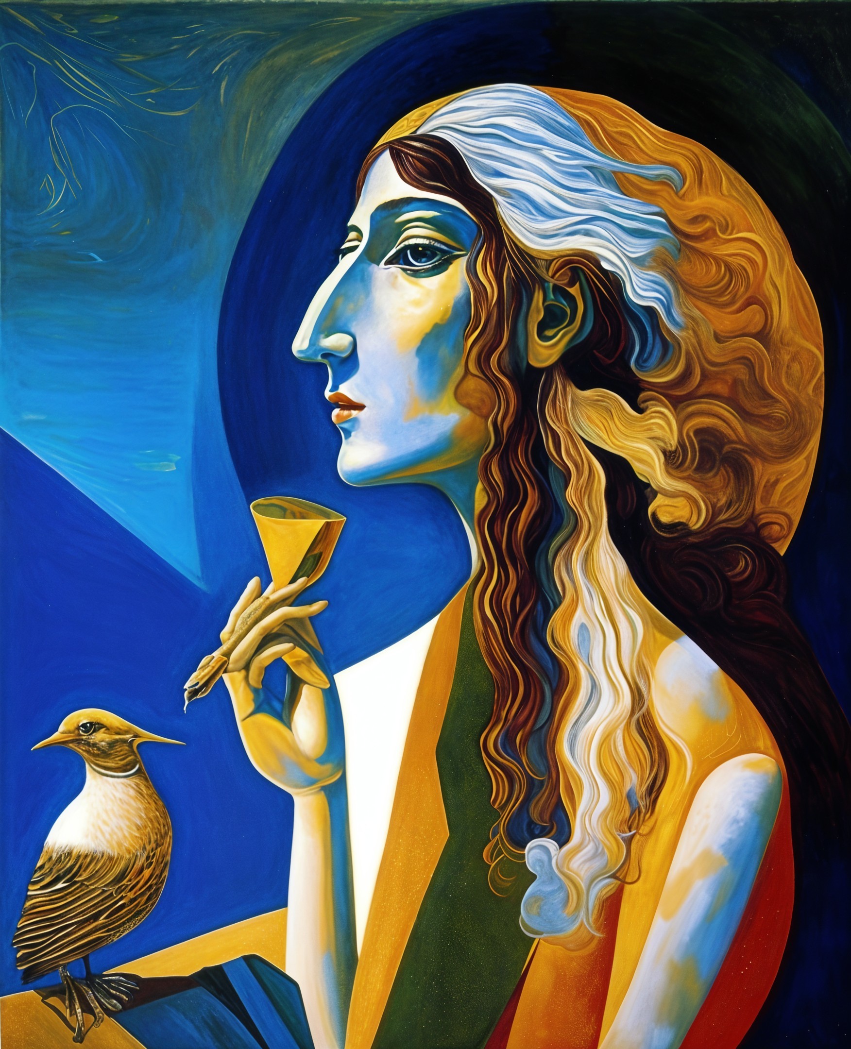 Stylized Woman with Glass in Surreal Blue Scene