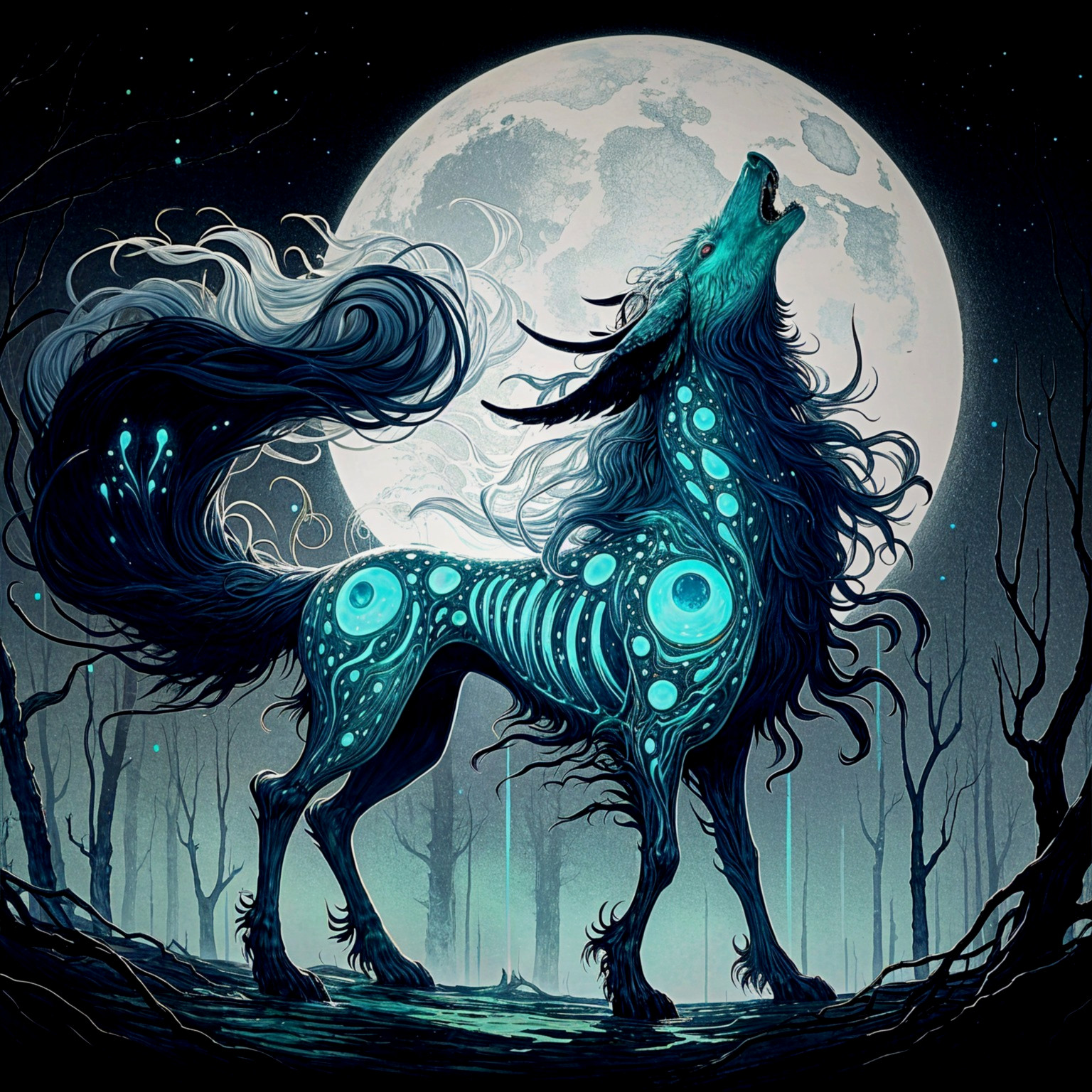Ethereal wolf howling under a luminous full moon