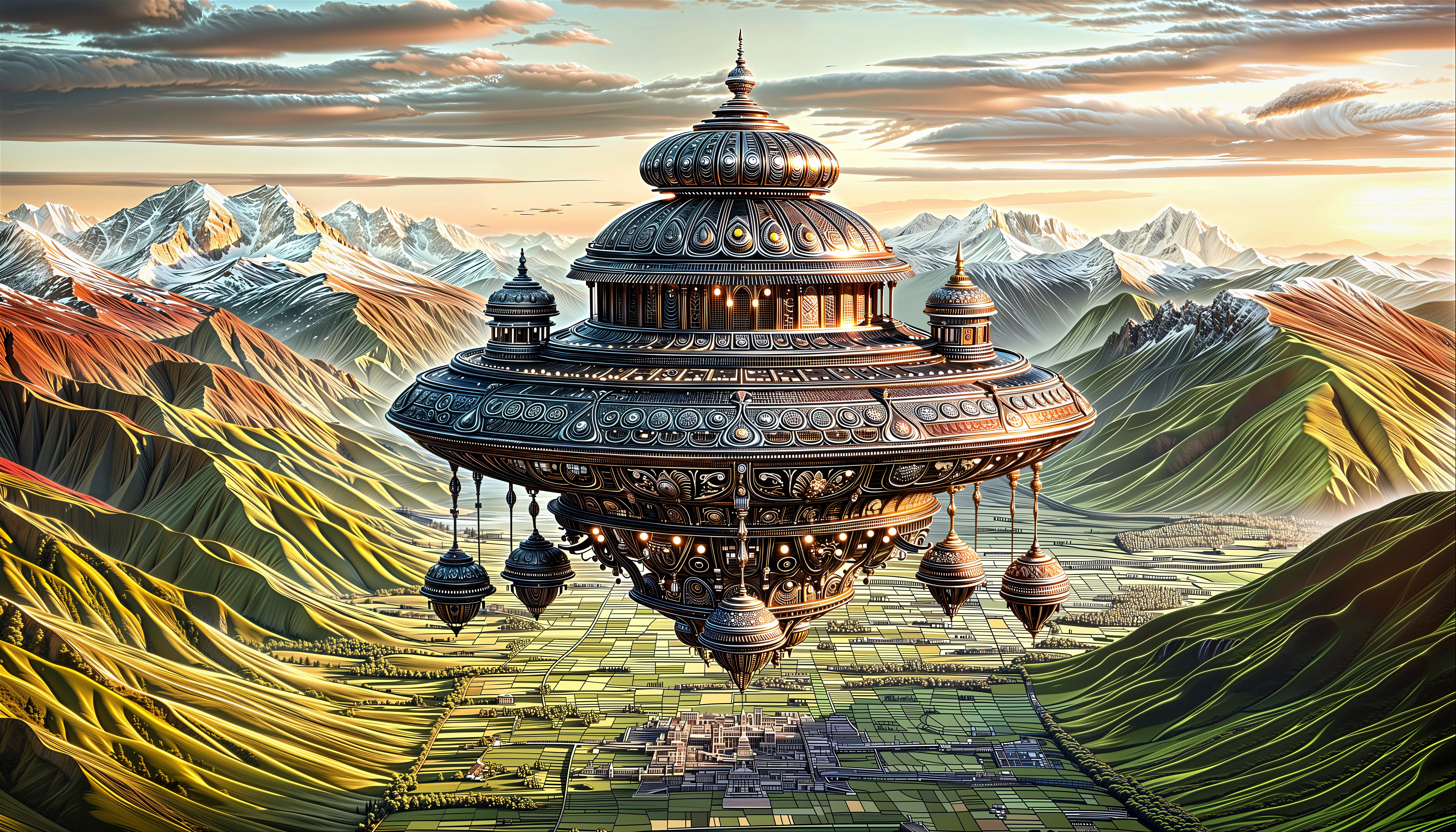 Ornate spacecraft above a lush green valley at sunset