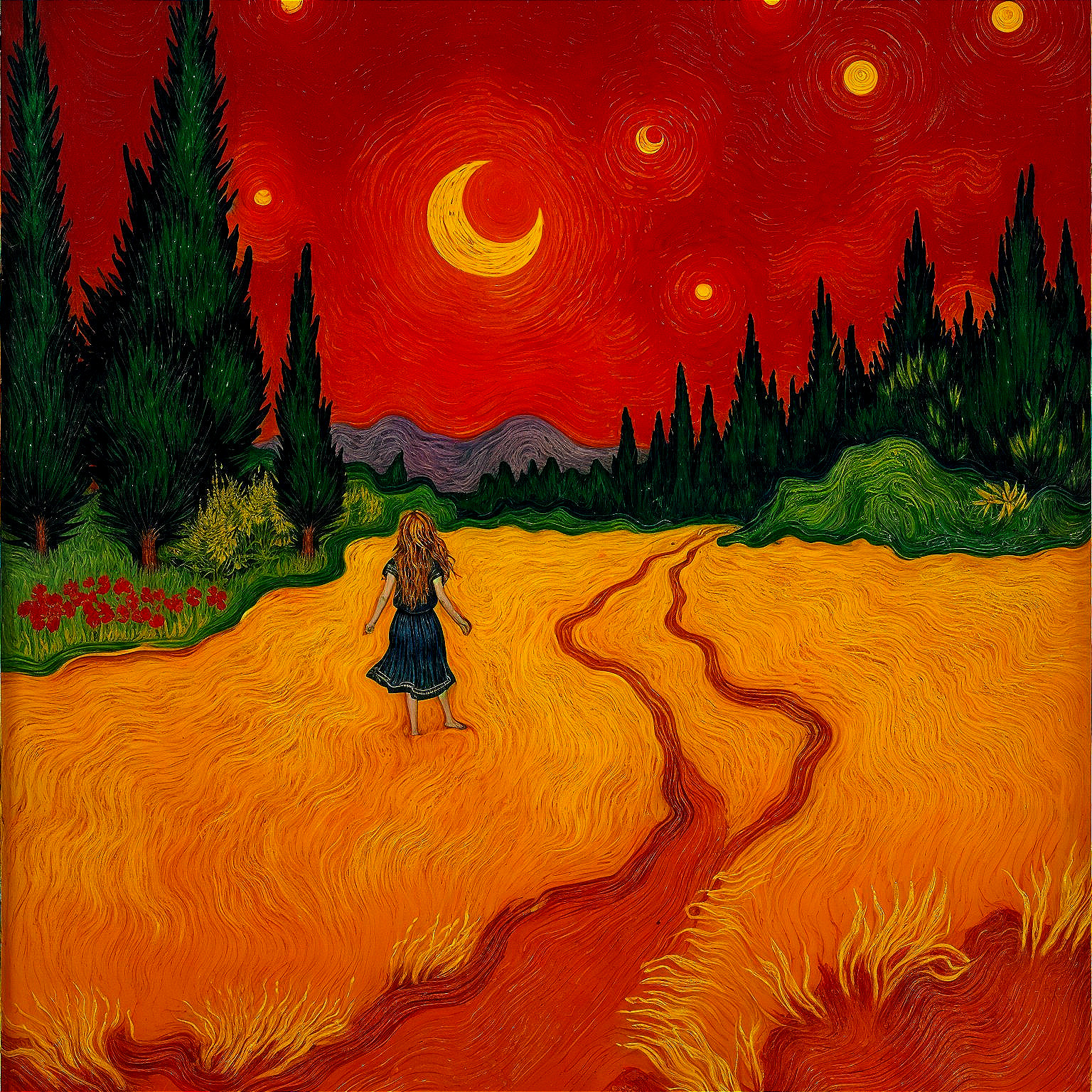 Lone Figure on Golden Path in Fiery Landscape