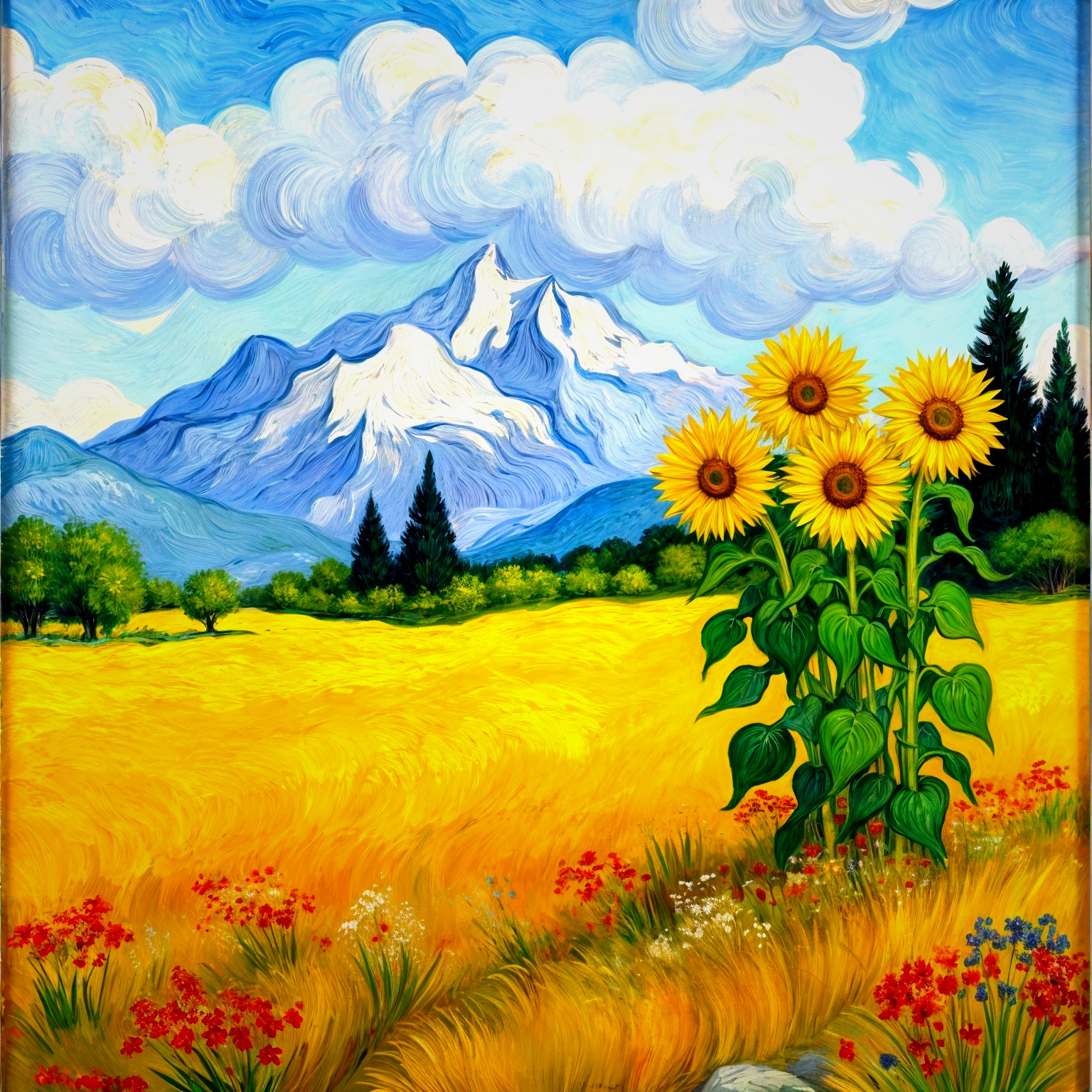 Vibrant Landscape with Wheat Field and Mountains