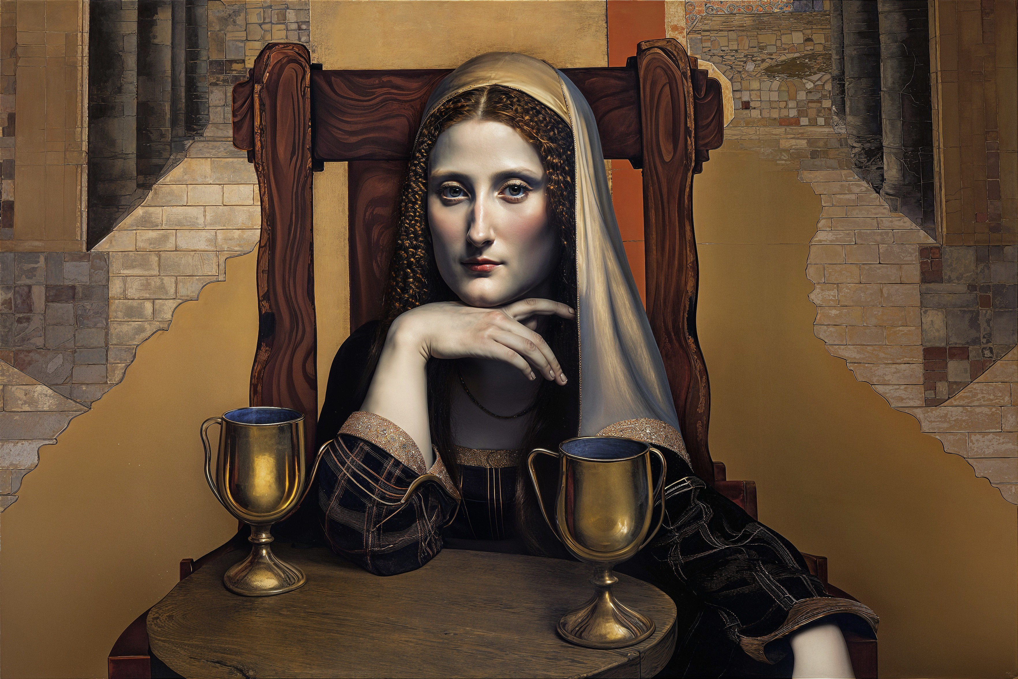 Serene Woman in Traditional Attire with Golden Chalices