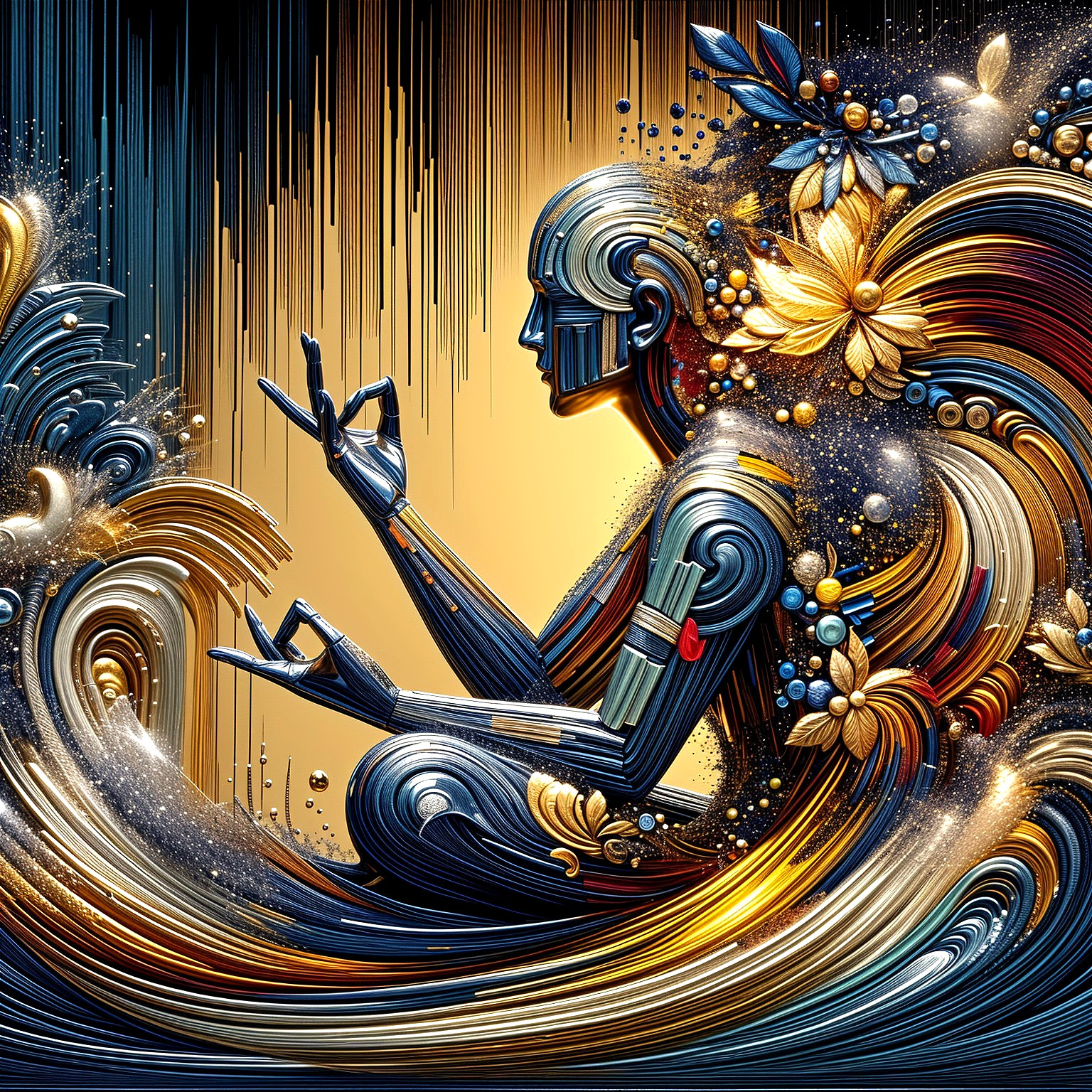 Meditative Figure with Metallic and Floral Elements