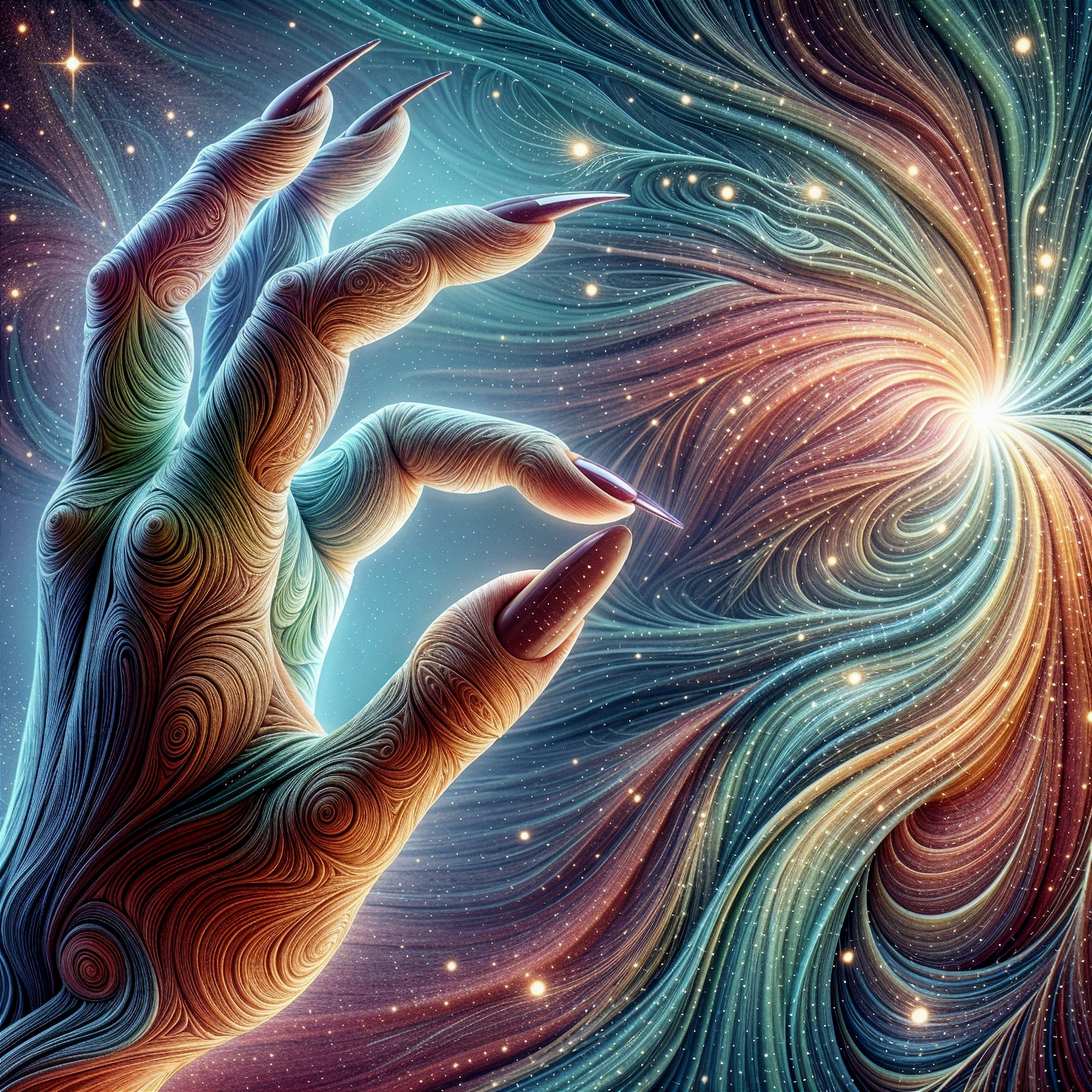 Cosmic Scene with Colorful Hand Reaching for Light