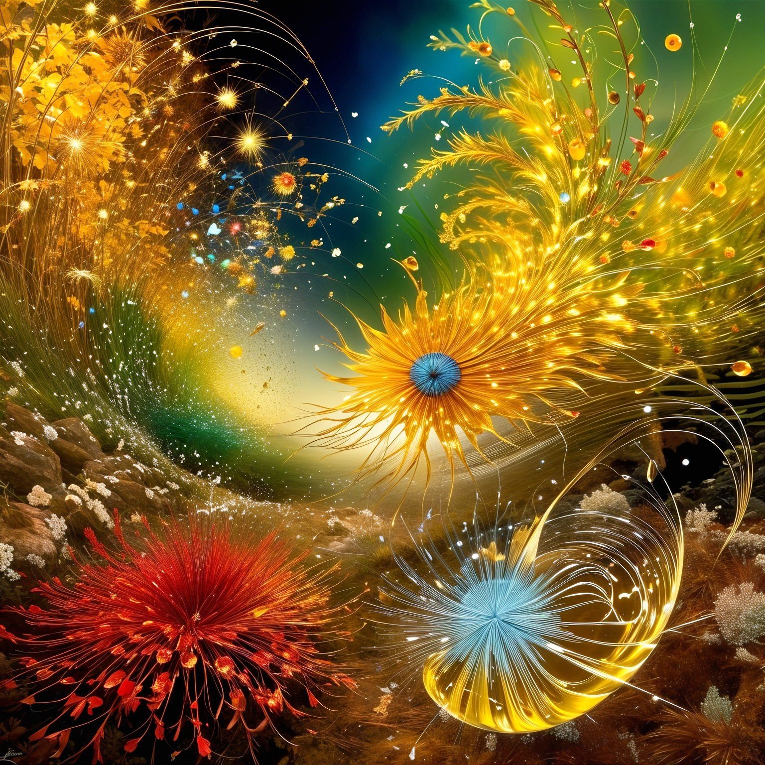 Vibrant Abstract Scene with Floral Patterns and Colors