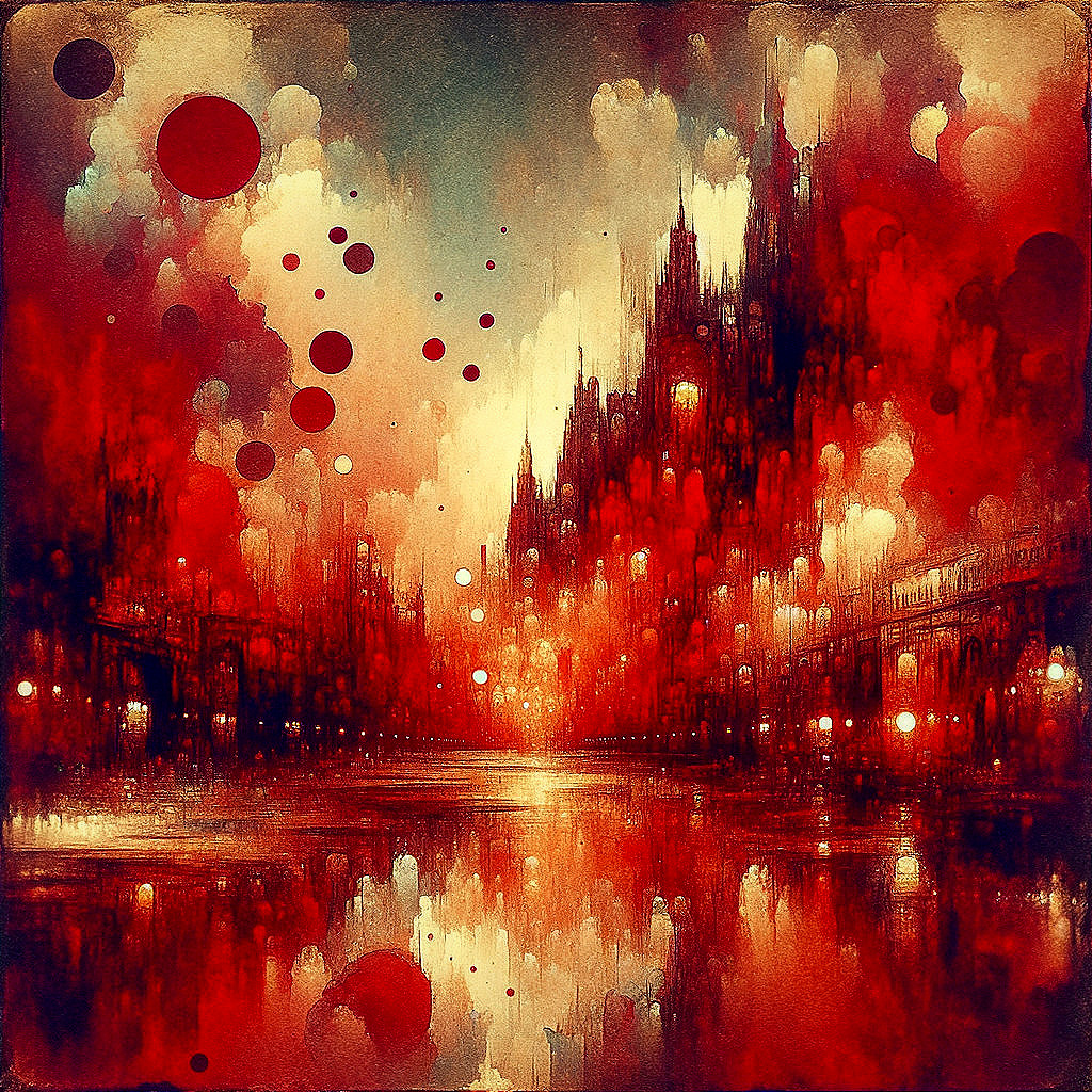 Abstract Cityscape in Deep Red Tones and Gothic Style