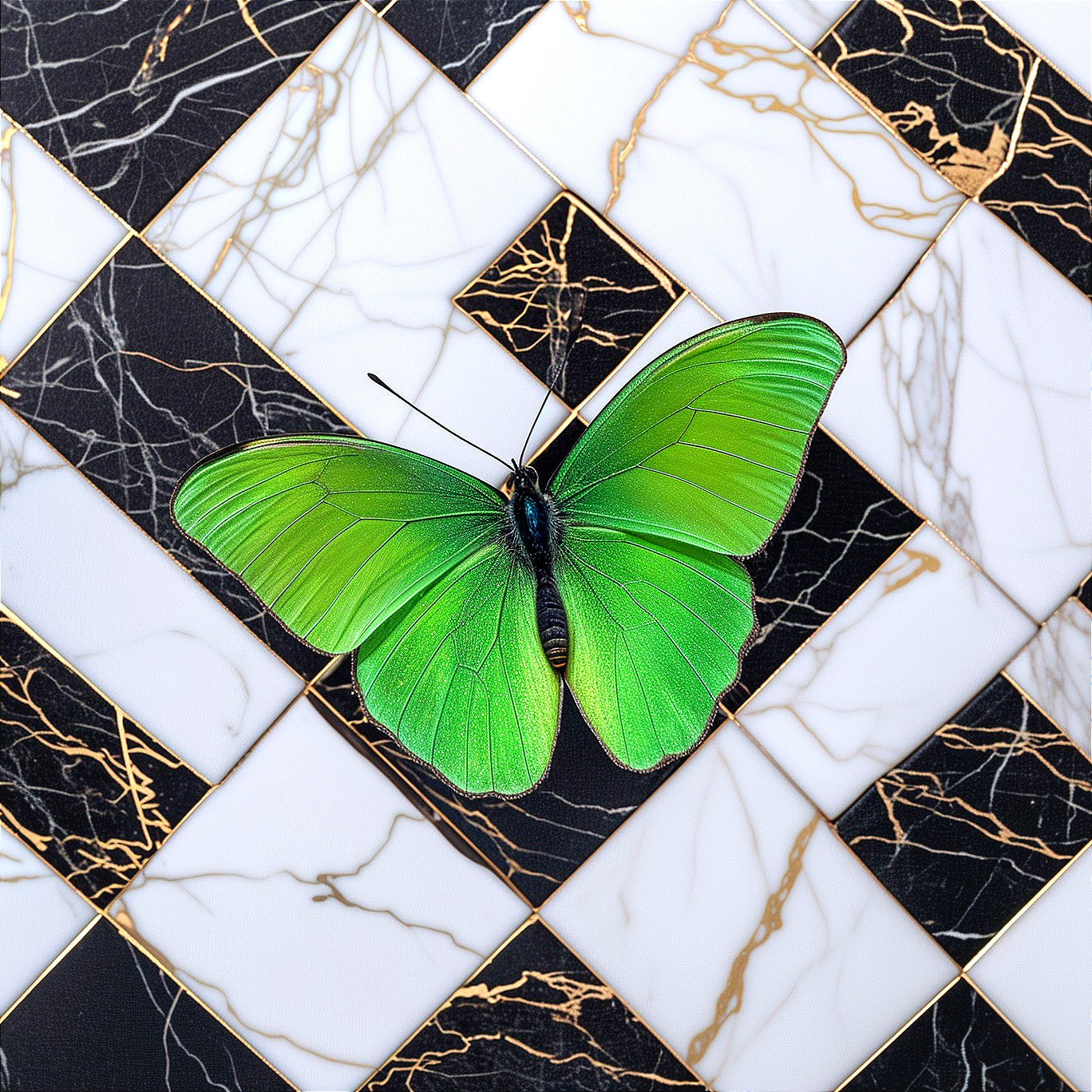 Green Butterfly on Black and White Mosaic Tiles