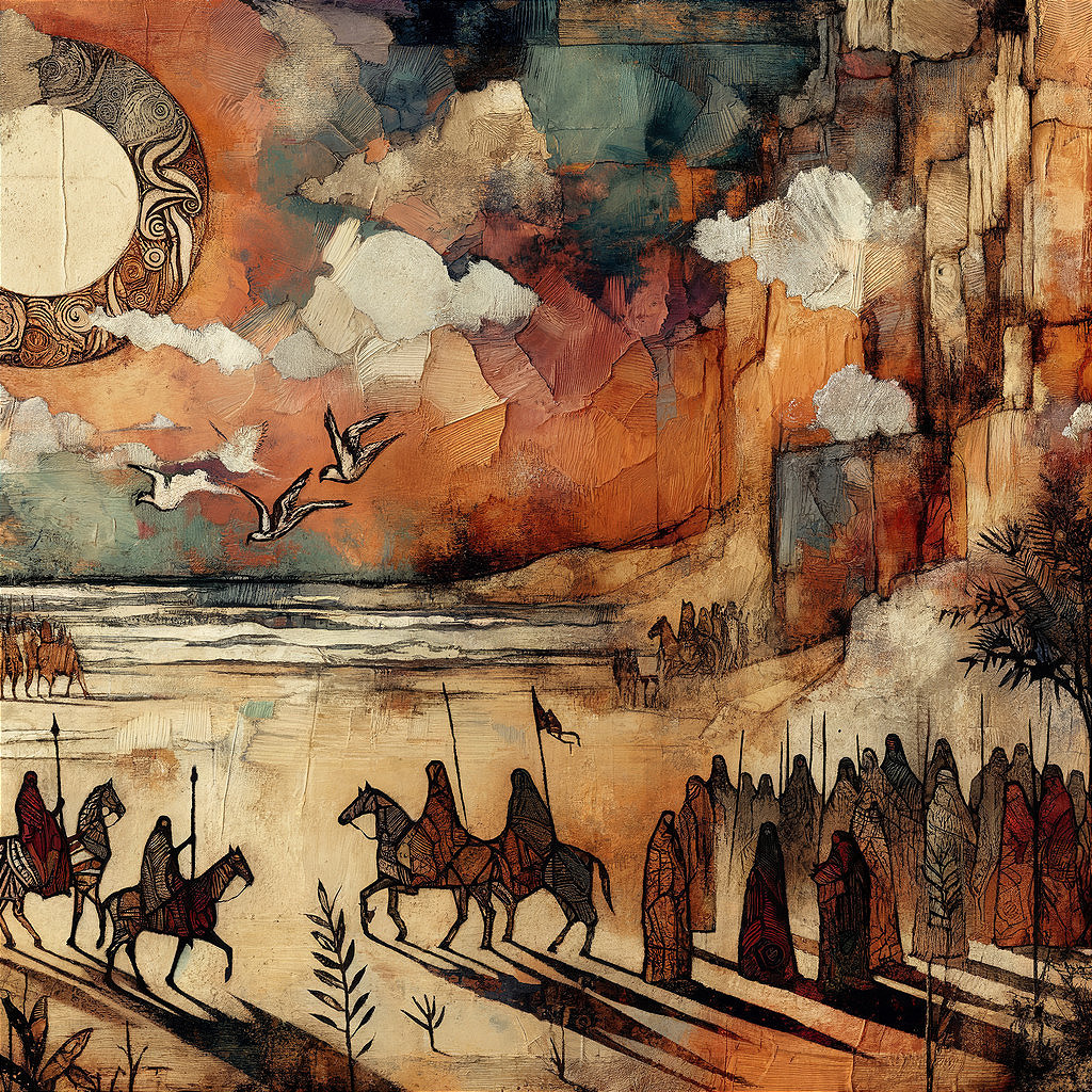 Vibrant Sunset Landscape with Silhouetted Figures