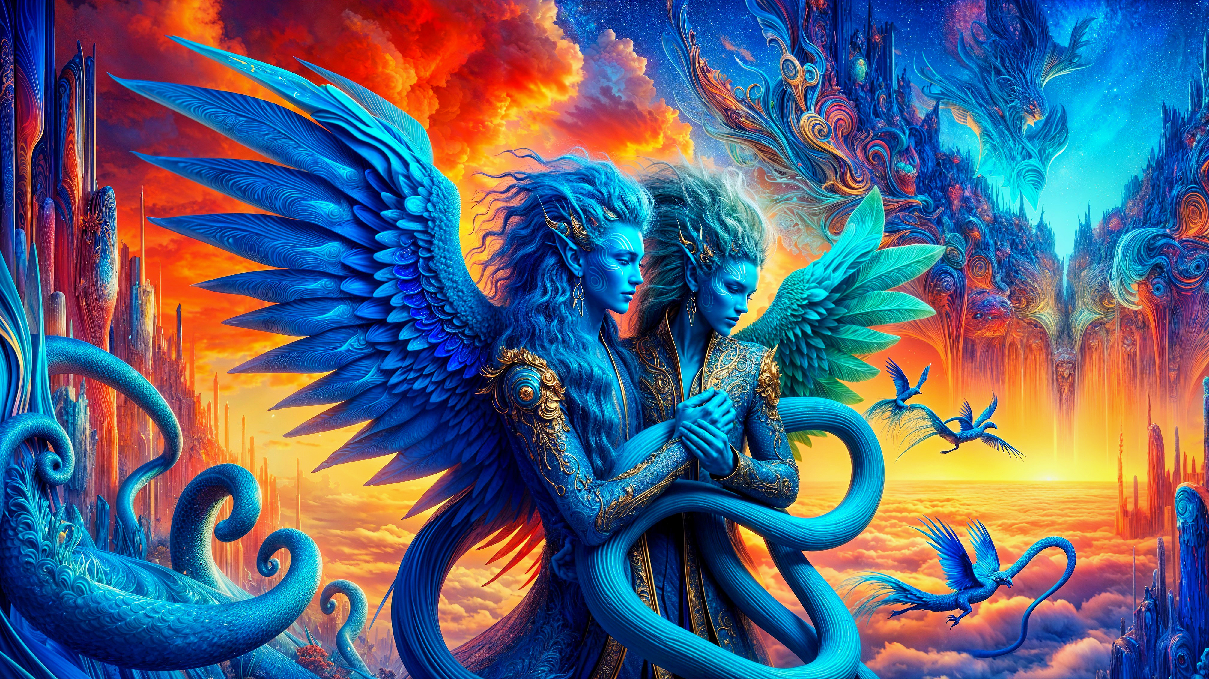 Ethereal Beings with Blue Wings in Surreal Landscape